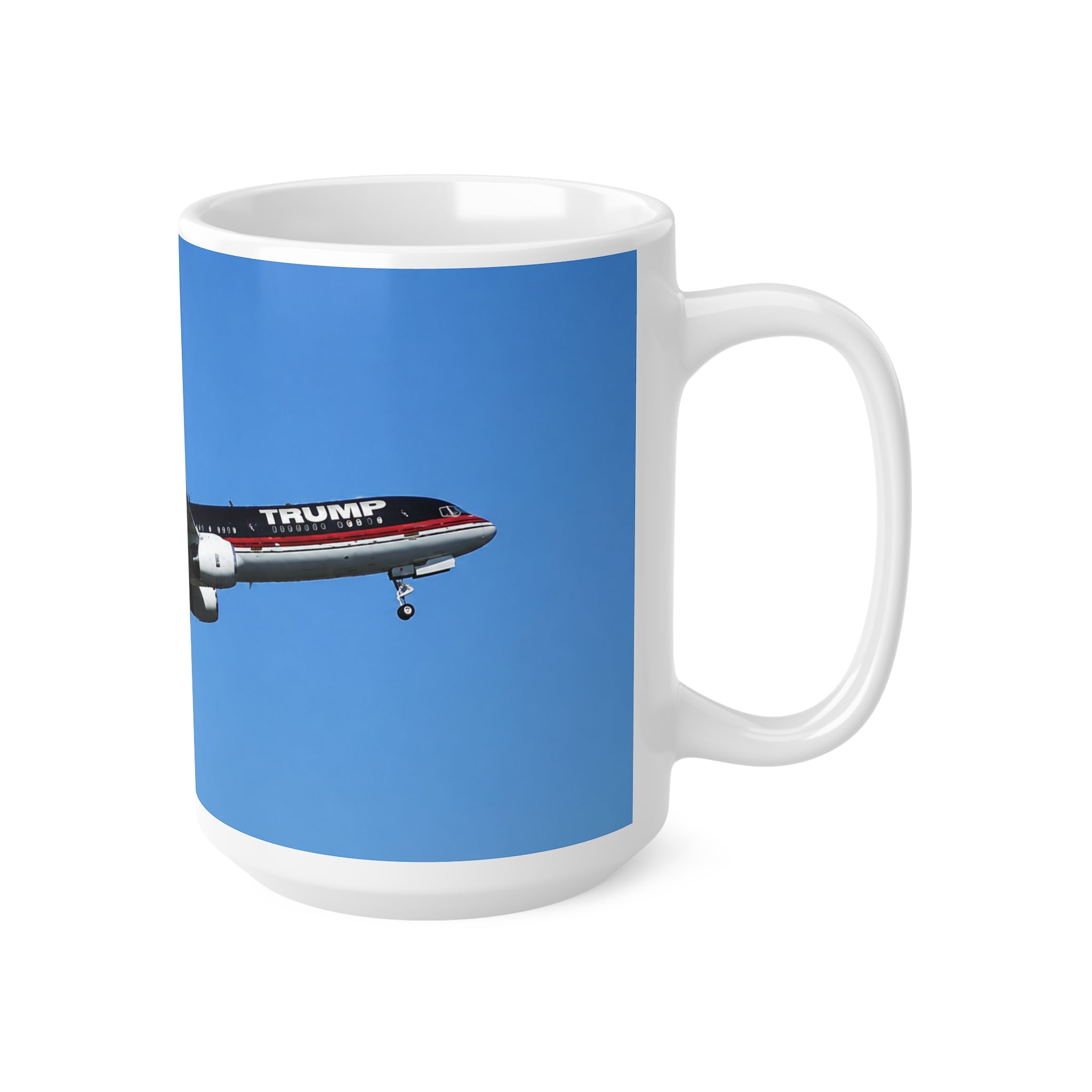 Trump Airplane Photo Ceramic Mug — Blue Sky Jet Coffee Cup (11oz & 15oz)