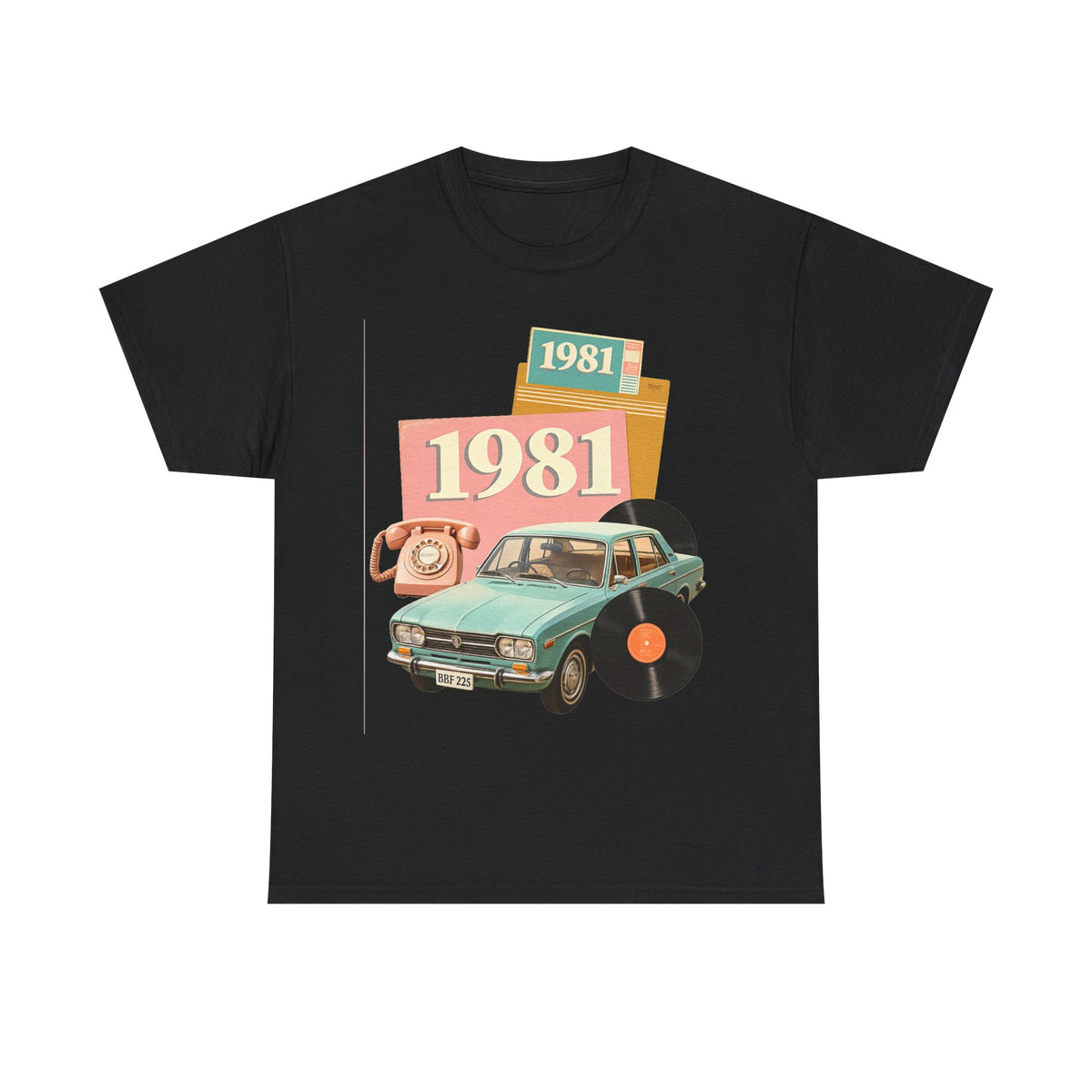 1981 Retro Car Tee — Vintage 80s Birthday T-Shirt with Record & Telephone Design