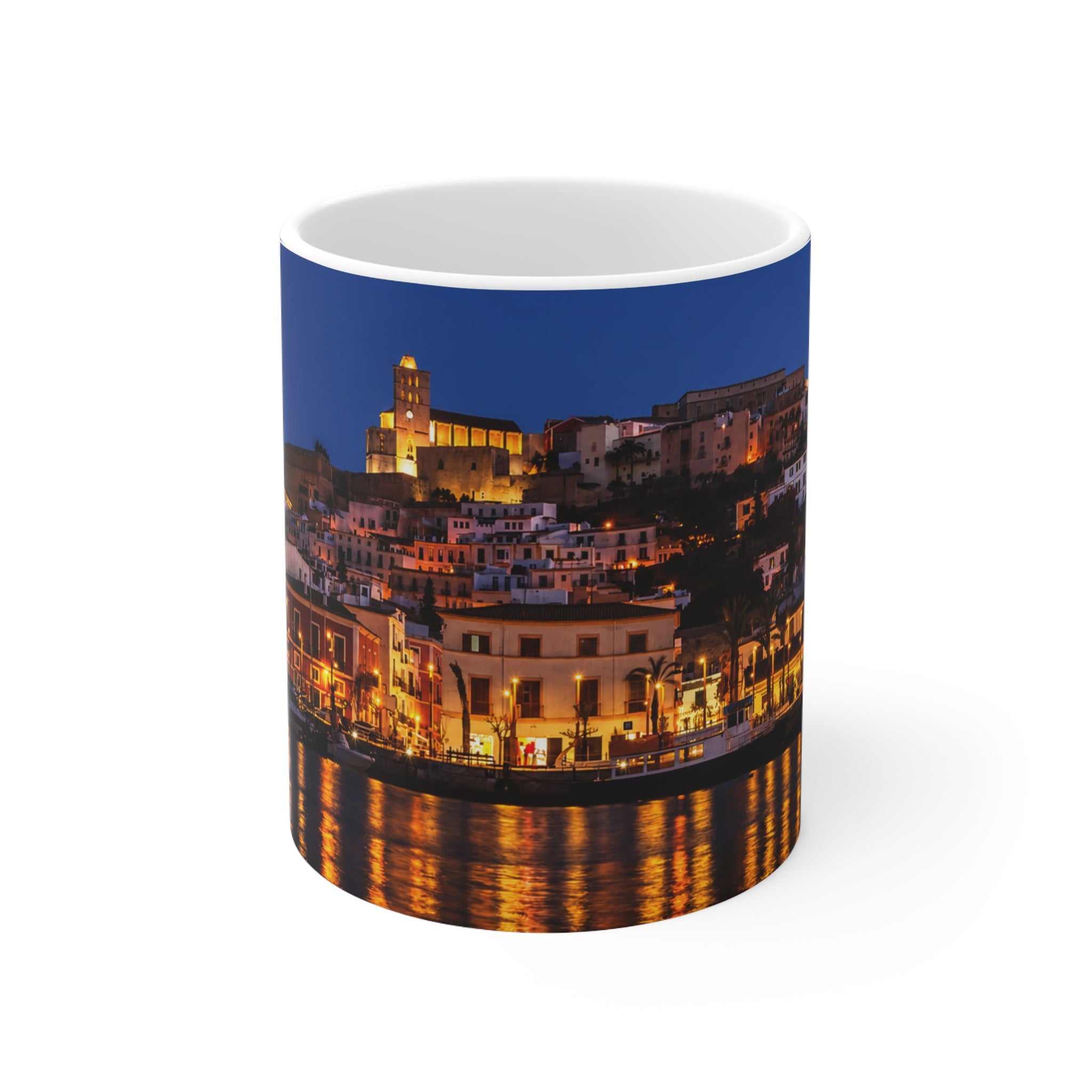 Night Harbor Cityscape Mug — Coastal Italy Evening Panorama Ceramic Coffee Cup (11oz, 15oz)