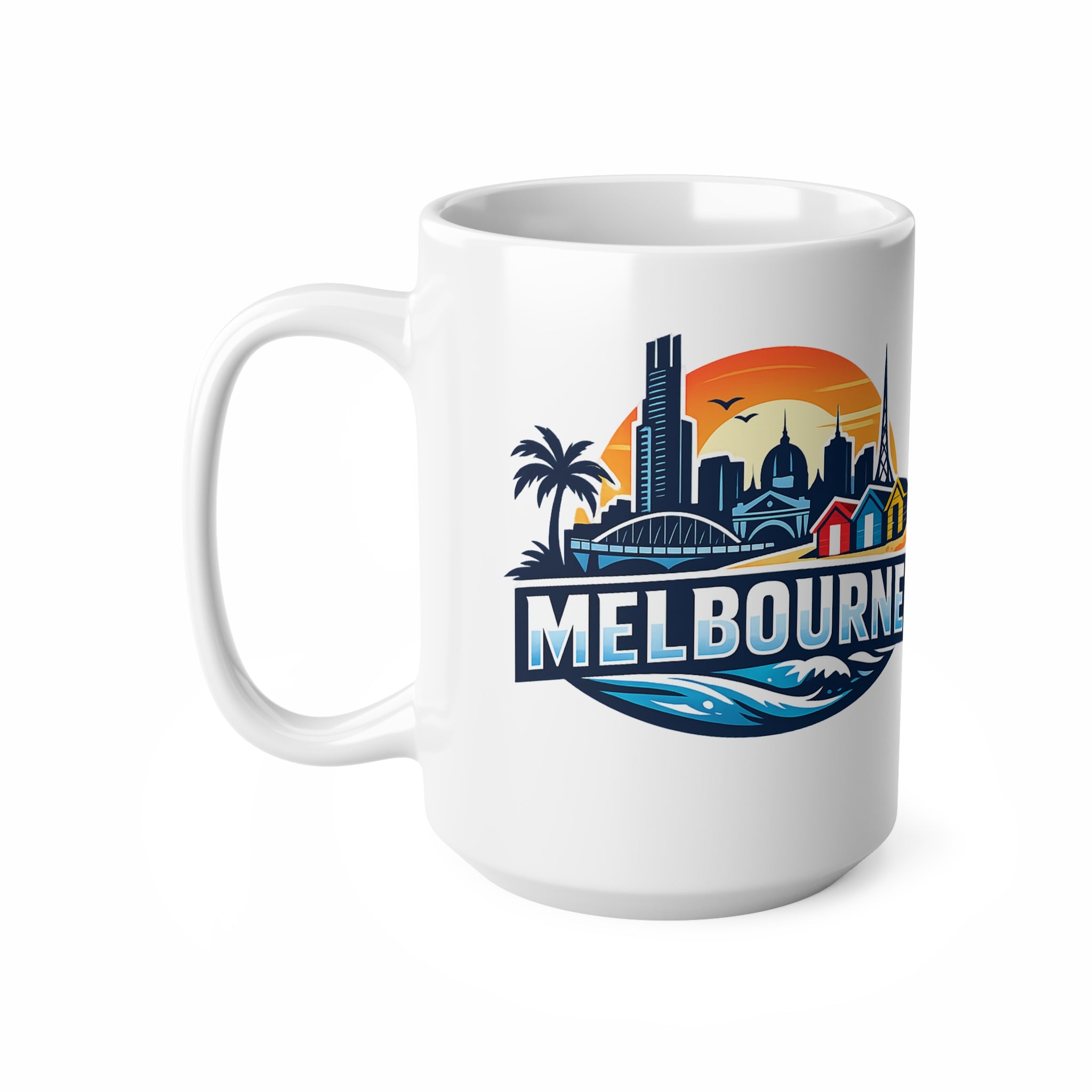 Melbourne Skyline Ceramic Coffee Mug — Retro Beach Cityscape 11oz/15oz