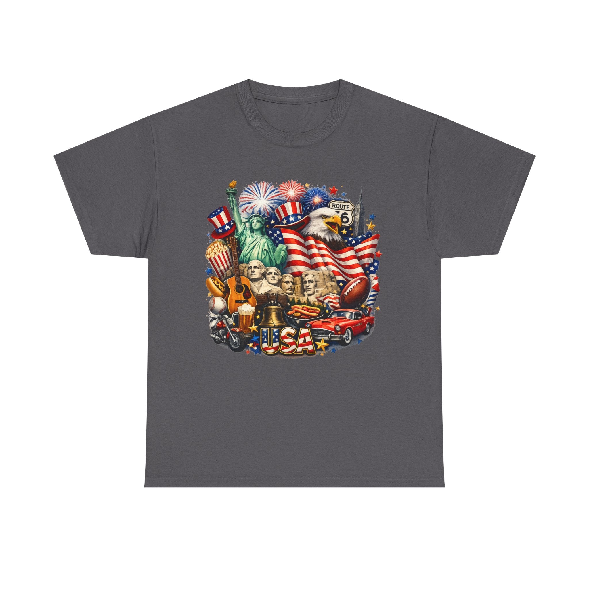 Patriotic USA Graphic Tee – American Flag, Statue of Liberty & Fireworks T-Shirt