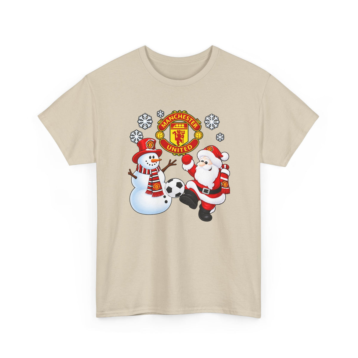 Manchester United Christmas Cotton Tee — Santa & Snowman Football Holiday Shirt