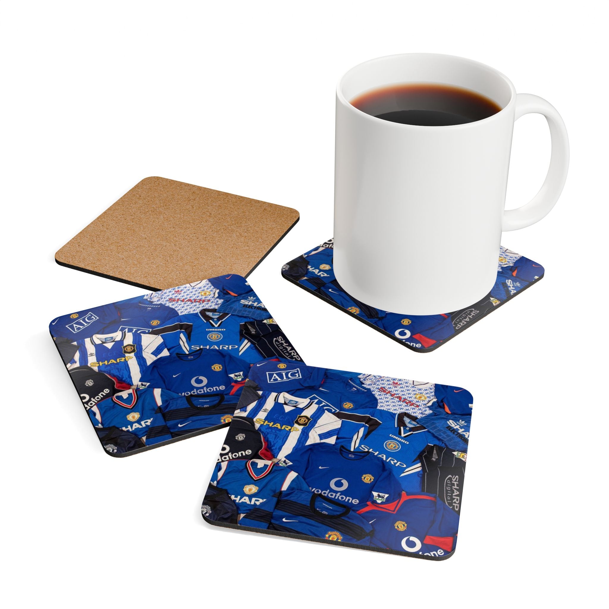 Manchester United Vintage Blue Soccer Jersey Corkwood Coaster Set – Football Memorabilia Drink Coasters (4-Pack)