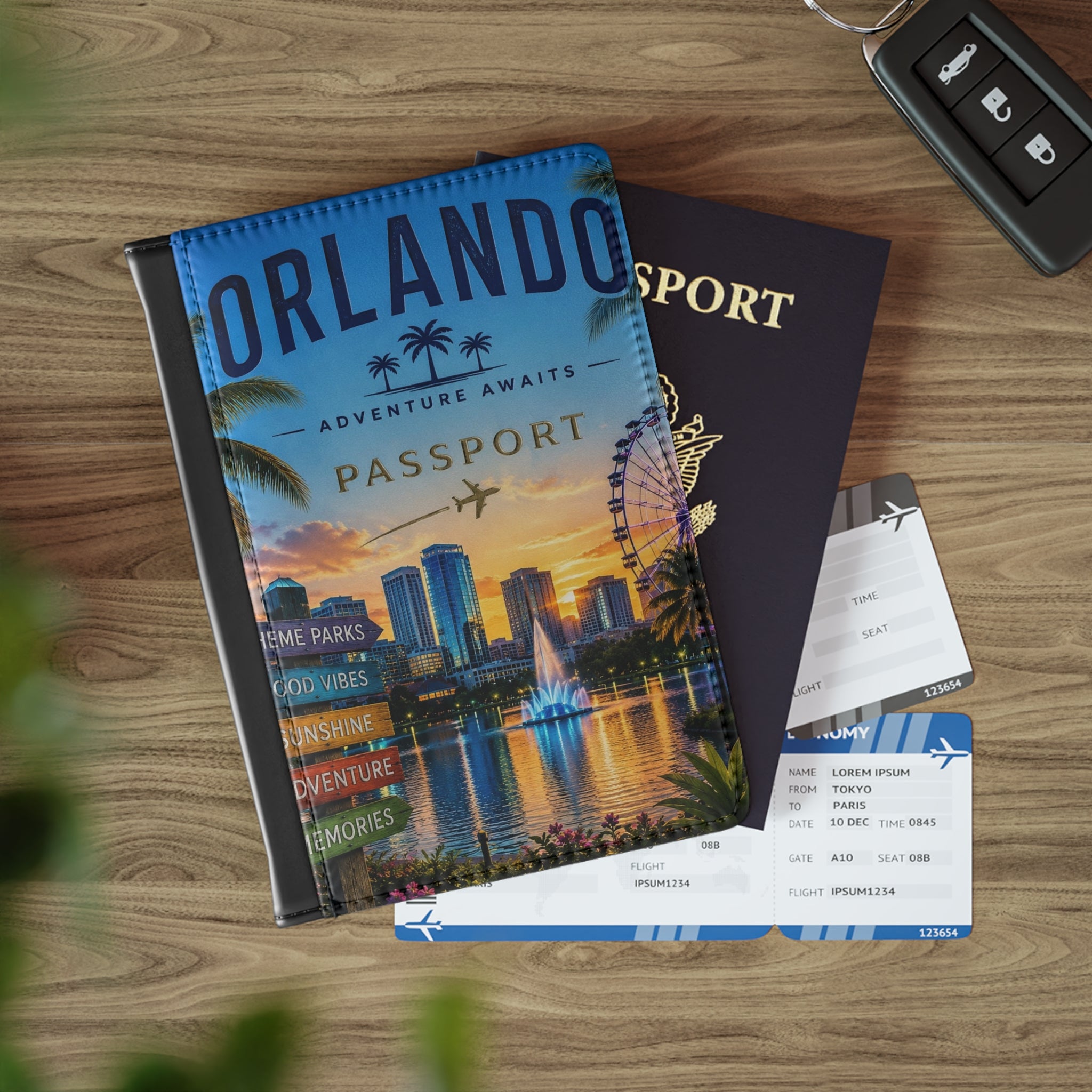 Orlando Passport Cover — Travel Wallet with City Skyline, Ferris Wheel & 'Adventure Awaits' Design