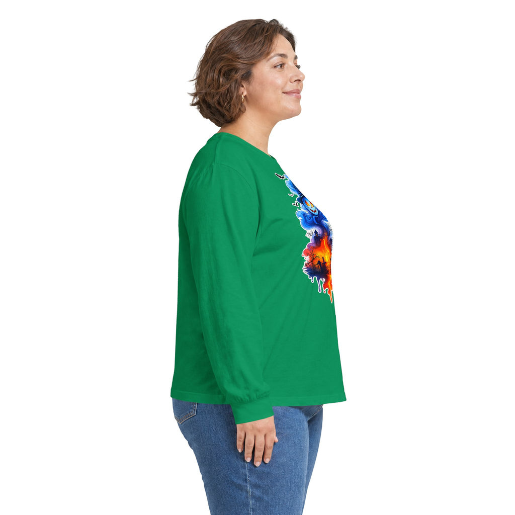Ghost Flame Long Sleeve Tee — Spooky Blue Spirit Graphic