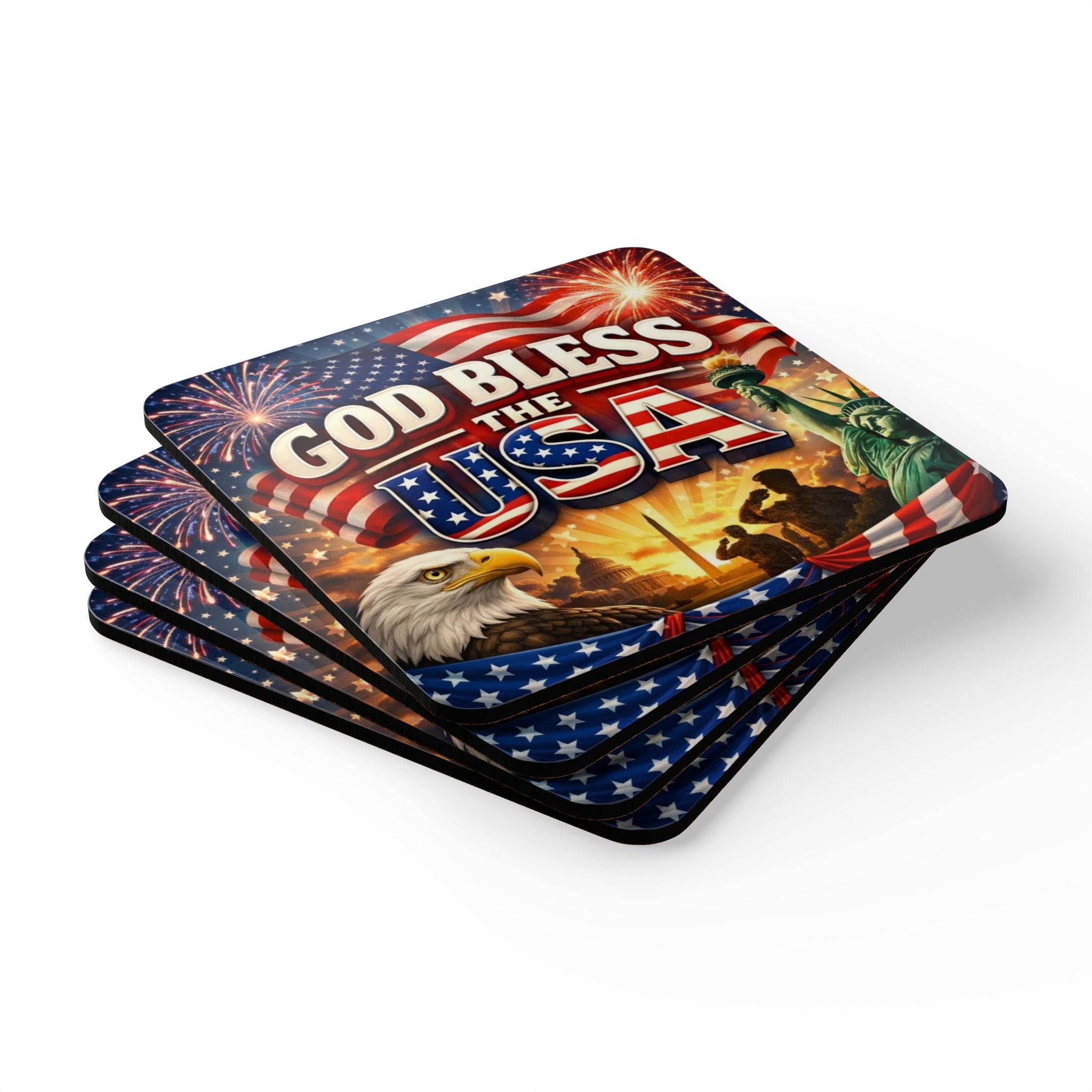 God Bless the USA Corkwood Coaster Set – Patriotic American Flag Eagle Statue of Liberty Design