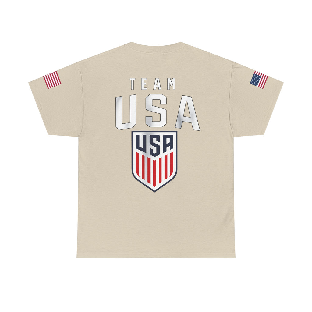 Team USA Flag T‑Shirt — Patriotic Navy Tee with Back Shield Logo
