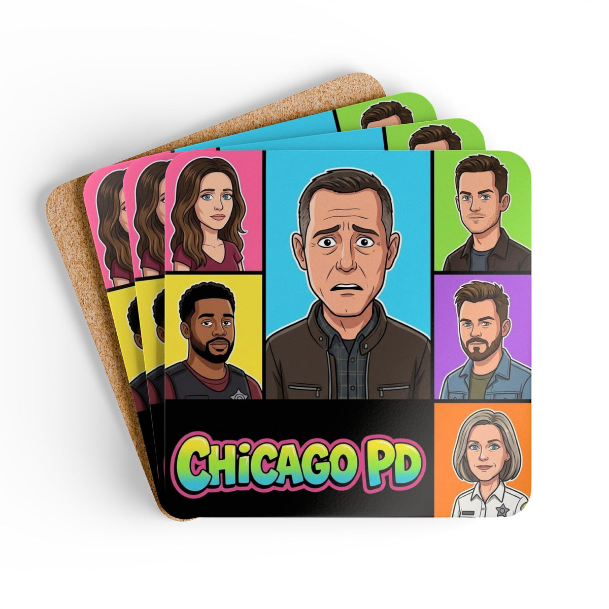 Chicago PD Cartoon Coaster Set — Pop Art Cork Drink Coasters (4-Pack)