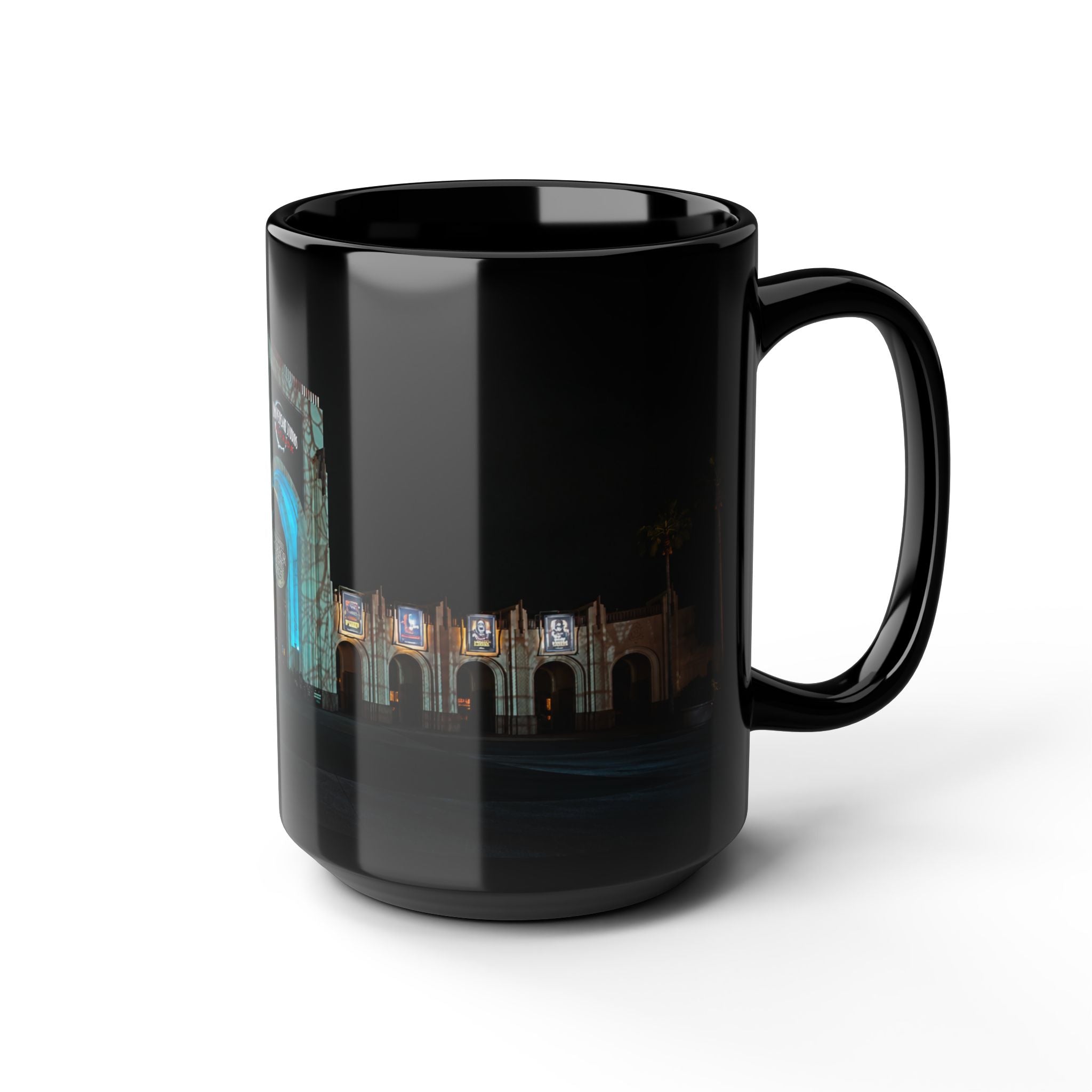 Universal HHN Black Ceramic Mug — Nighttime Theme Park Arch Photo (11oz & 15oz)