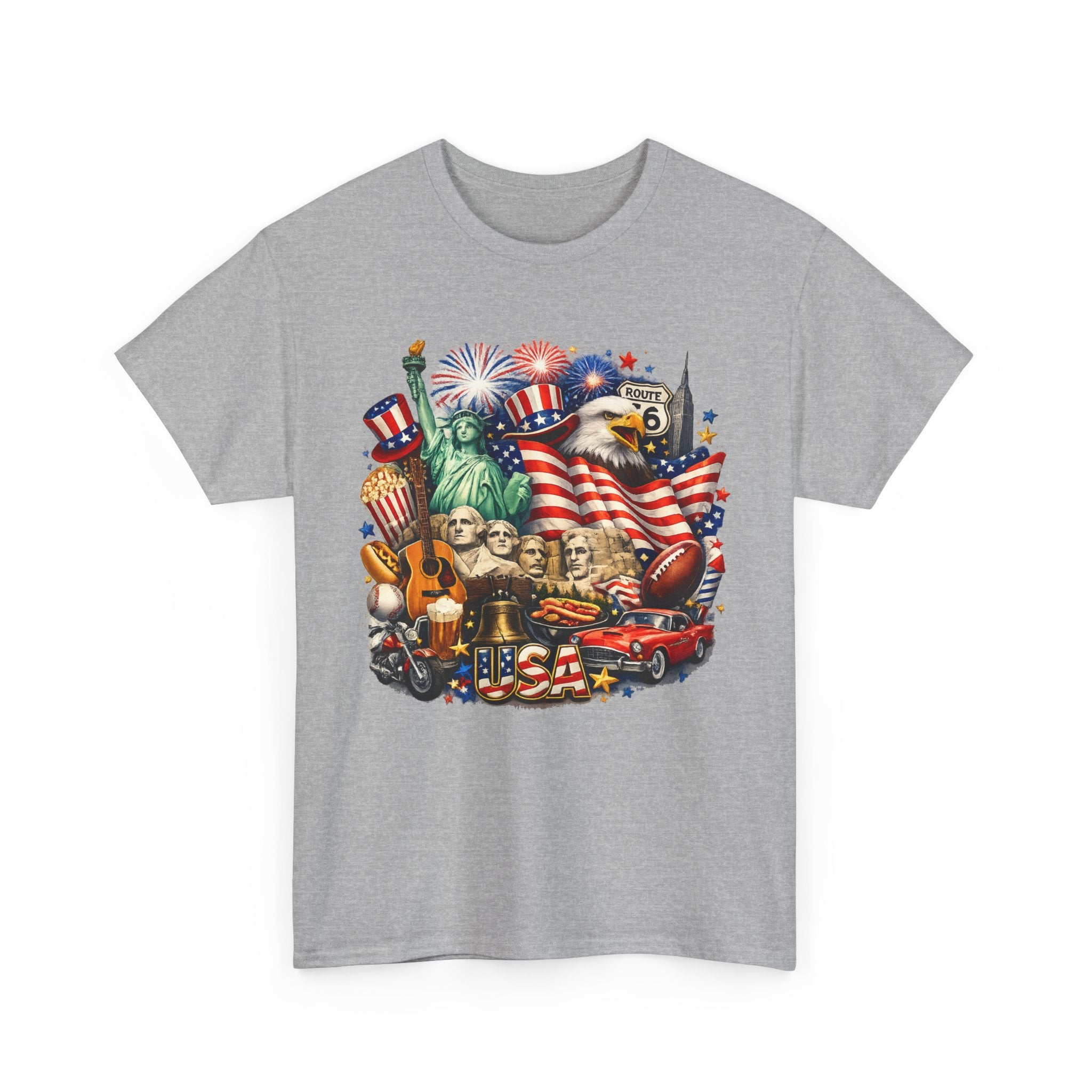 Patriotic USA Graphic Tee – American Flag, Statue of Liberty & Fireworks T-Shirt