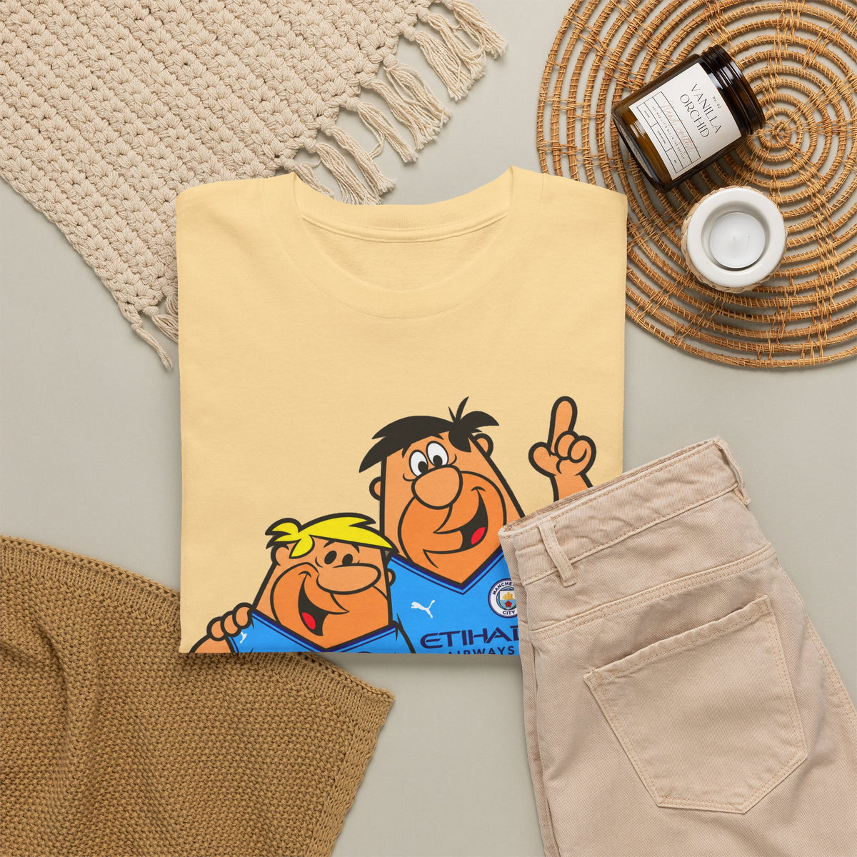 Manchester City The Flintstones Etihad Airways Cartoon Cotton T-Shirt