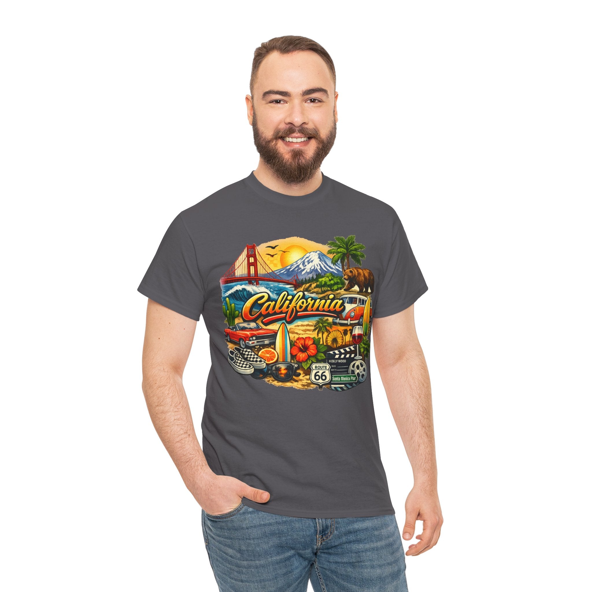 California Vintage Travel T-Shirt — Golden Gate, Palm Trees & Route 66 Tee