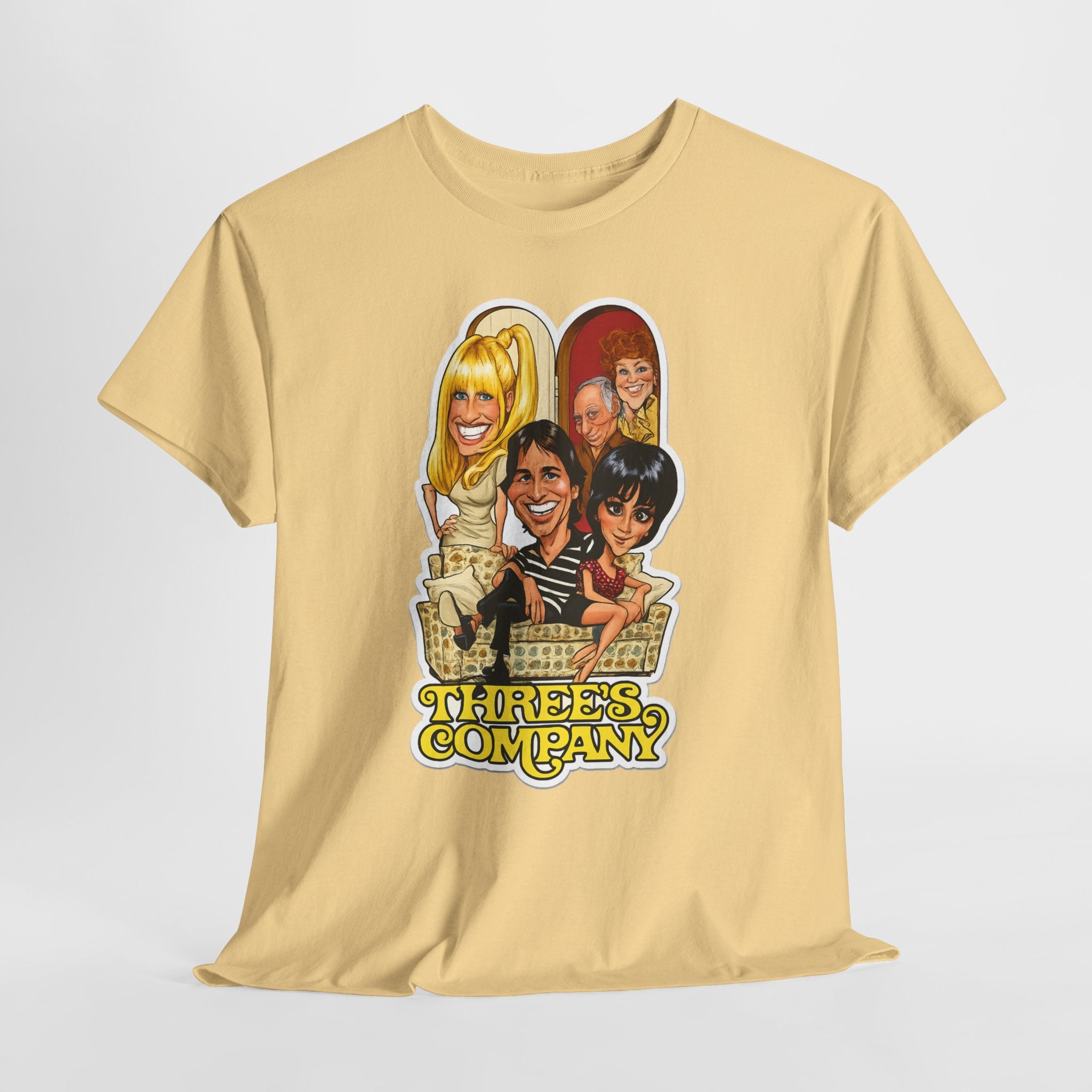 Three's Company Retro TV Tee — Vintage Sitcom Caricature T-Shirt