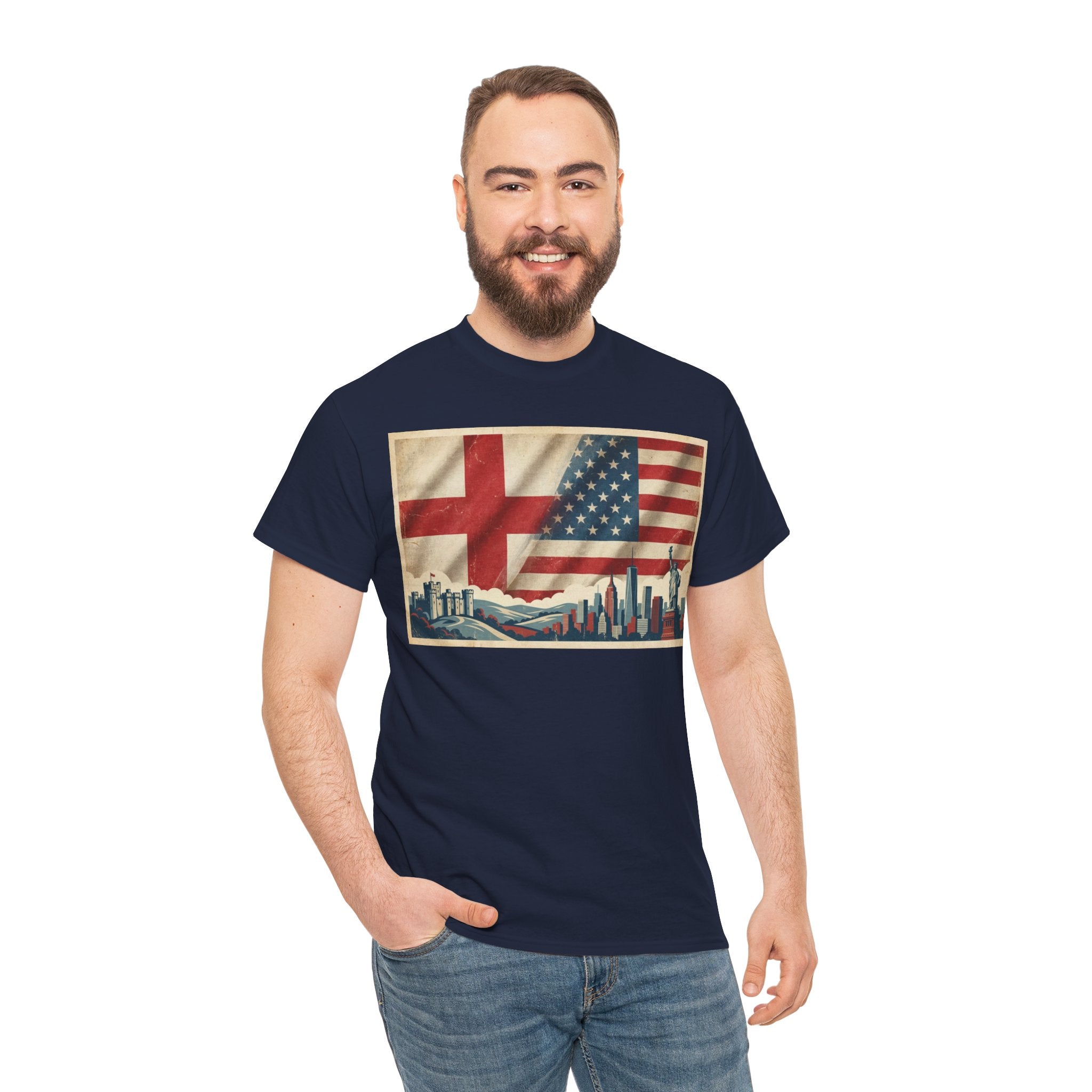 England + USA Flag Skyline T-Shirt — Vintage London & New York City Pride Tee