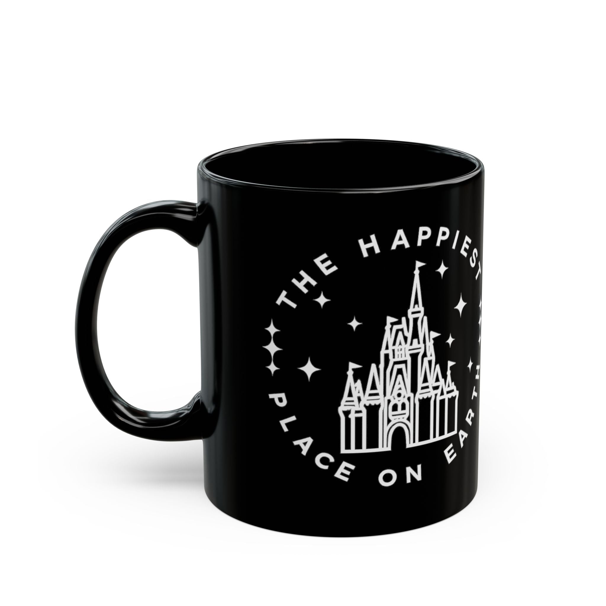 Black Castle Mug — "The Happiest Place on Earth" Ceramic Coffee Cup (11oz/15oz)