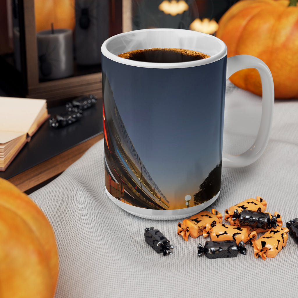 WDW Monorail Nightscape Ceramic Mug — Modern Curved Building Photo (11oz & 15oz)