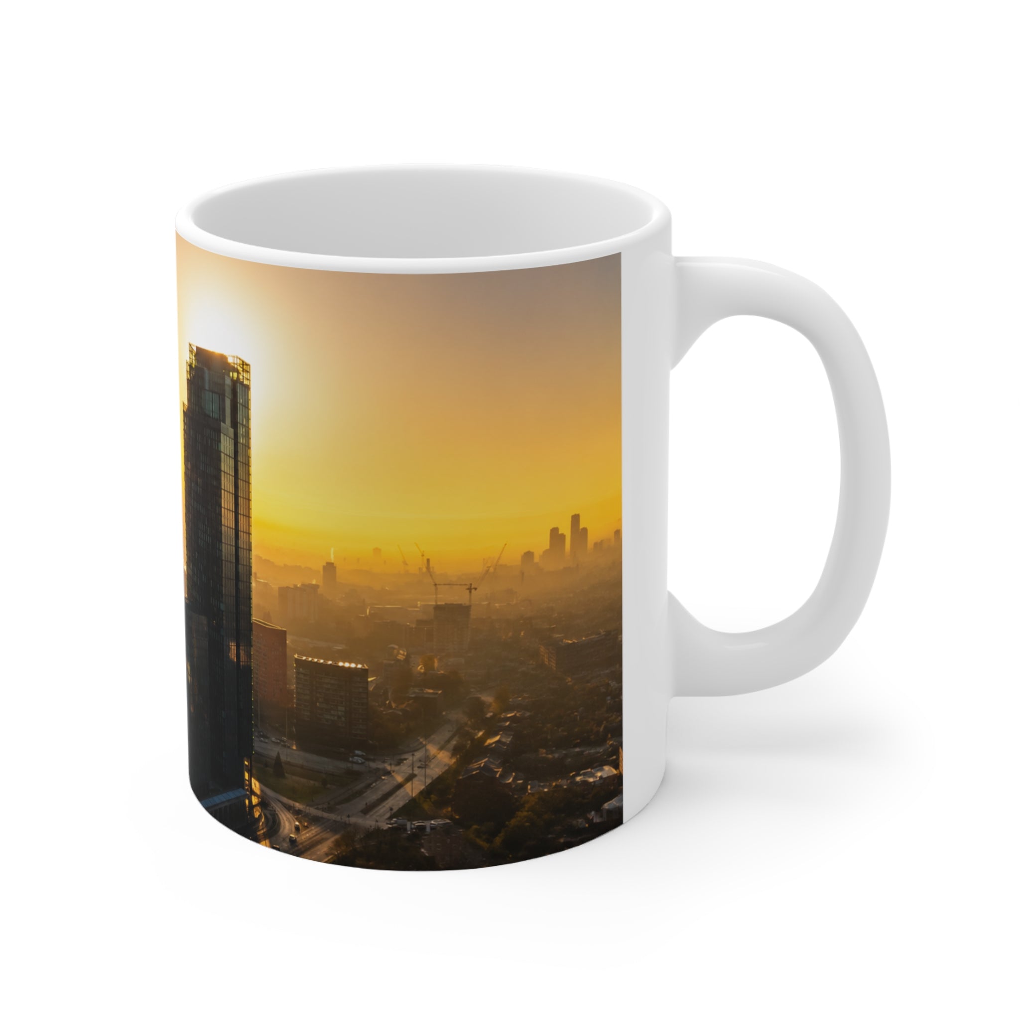 Manchester UK Sunrise Cityscape Ceramic Mug — Urban Skyline Coffee Cup (11oz & 15oz)