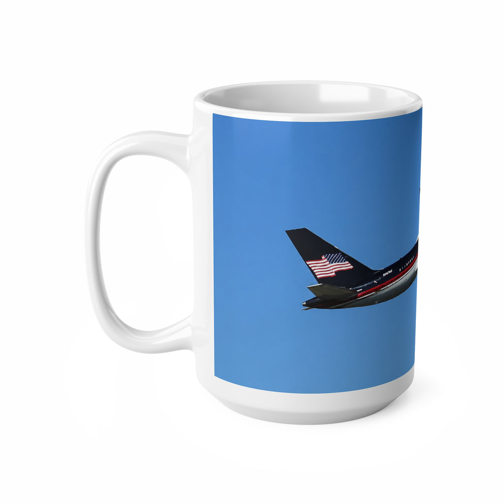 Trump Airplane Photo Ceramic Mug — Blue Sky Jet Coffee Cup (11oz & 15oz)