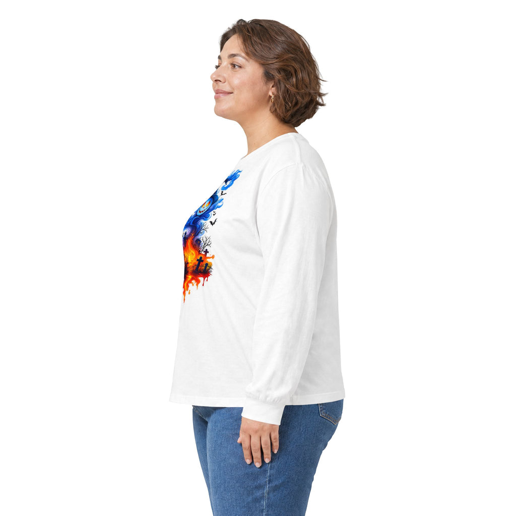 Ghost Flame Long Sleeve Tee — Spooky Blue Spirit Graphic