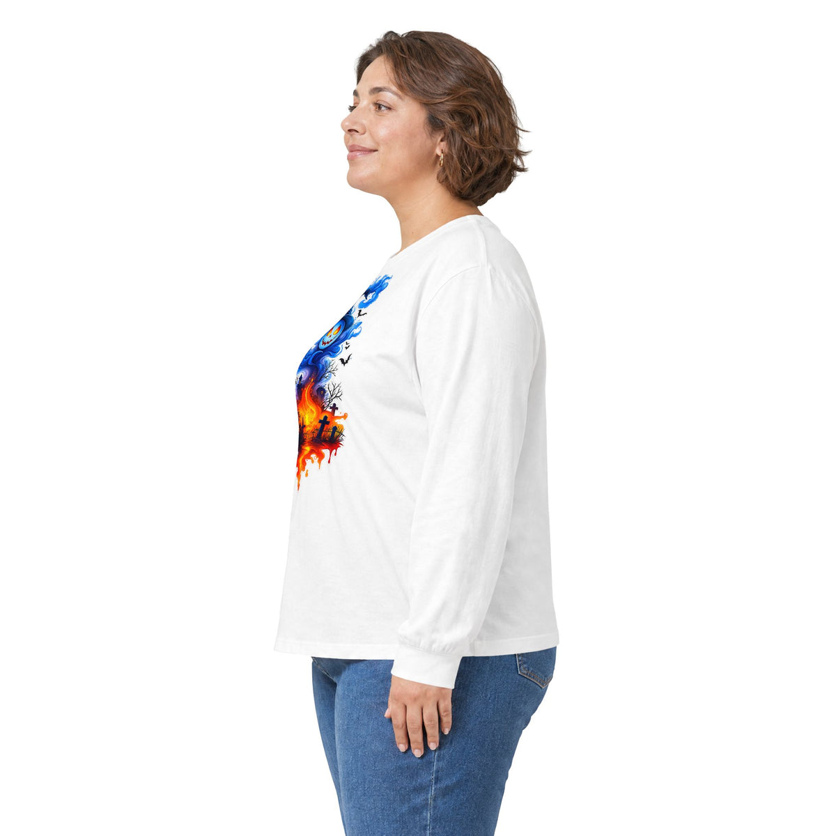 Ghost Flame Long Sleeve Tee — Spooky Blue Spirit Graphic