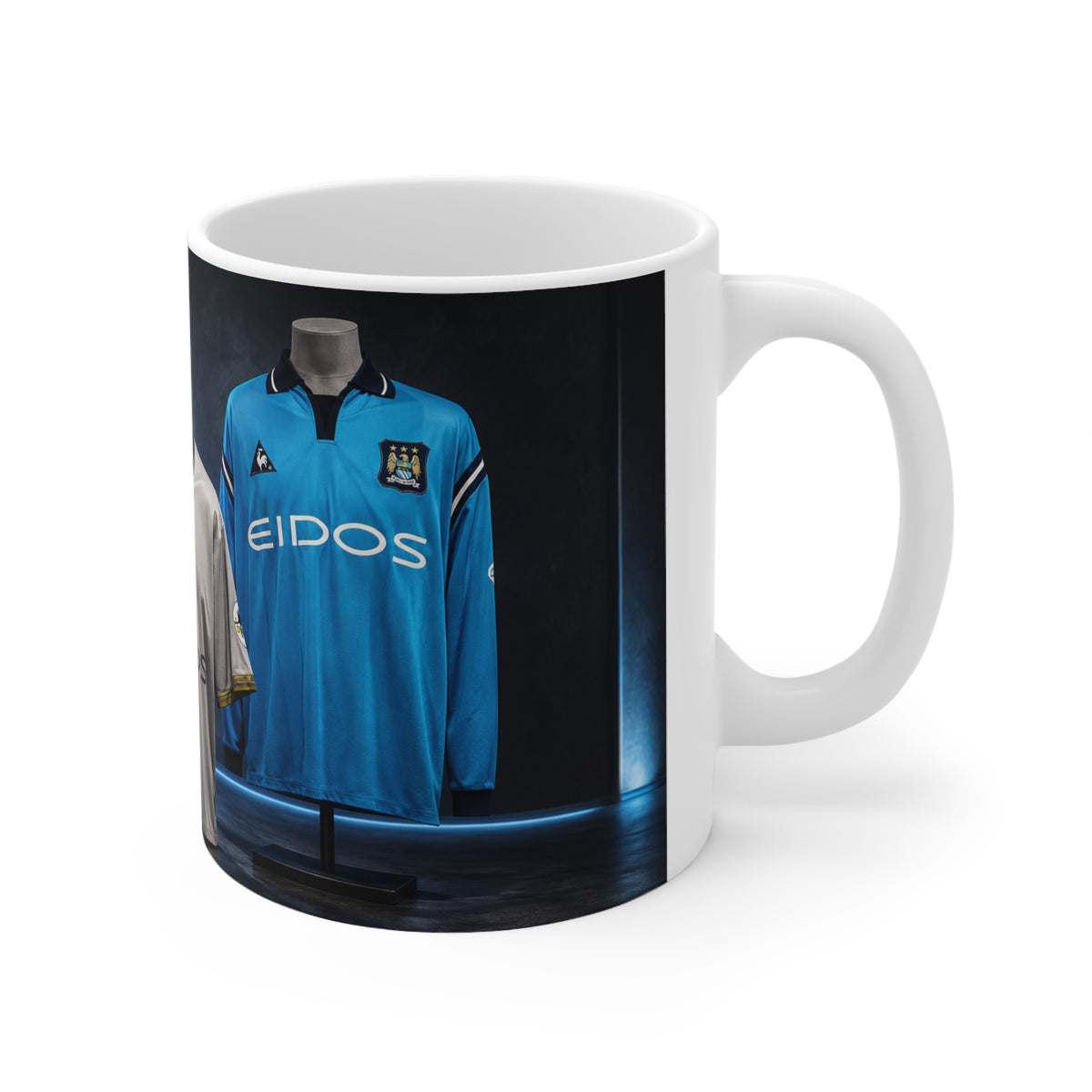 Manchester City Retro Soccer Jersey Coffee Mug — Vintage Team Kit Trio Design (11oz & 15oz)