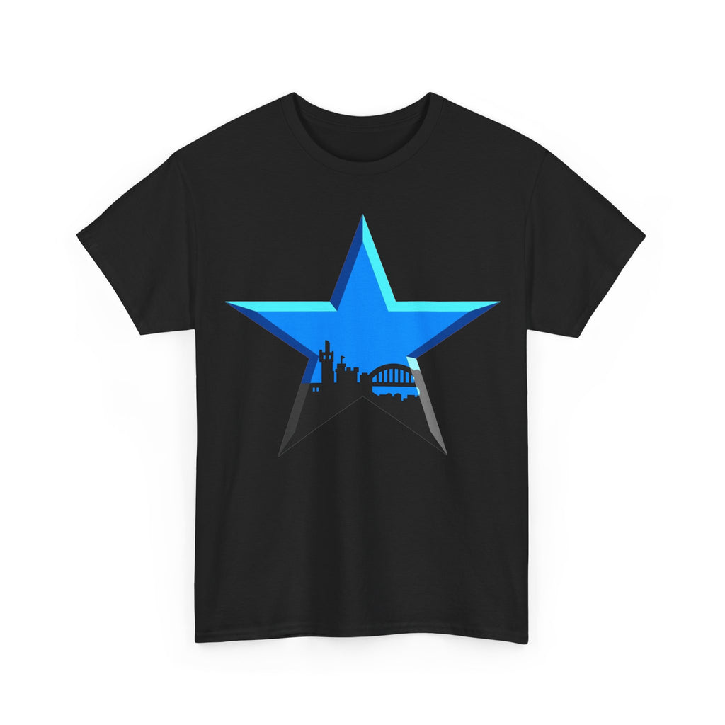 Newcastle City Skyline Star Retro Cotton T-Shirt — Blue Star with Urban Skyline Graphic