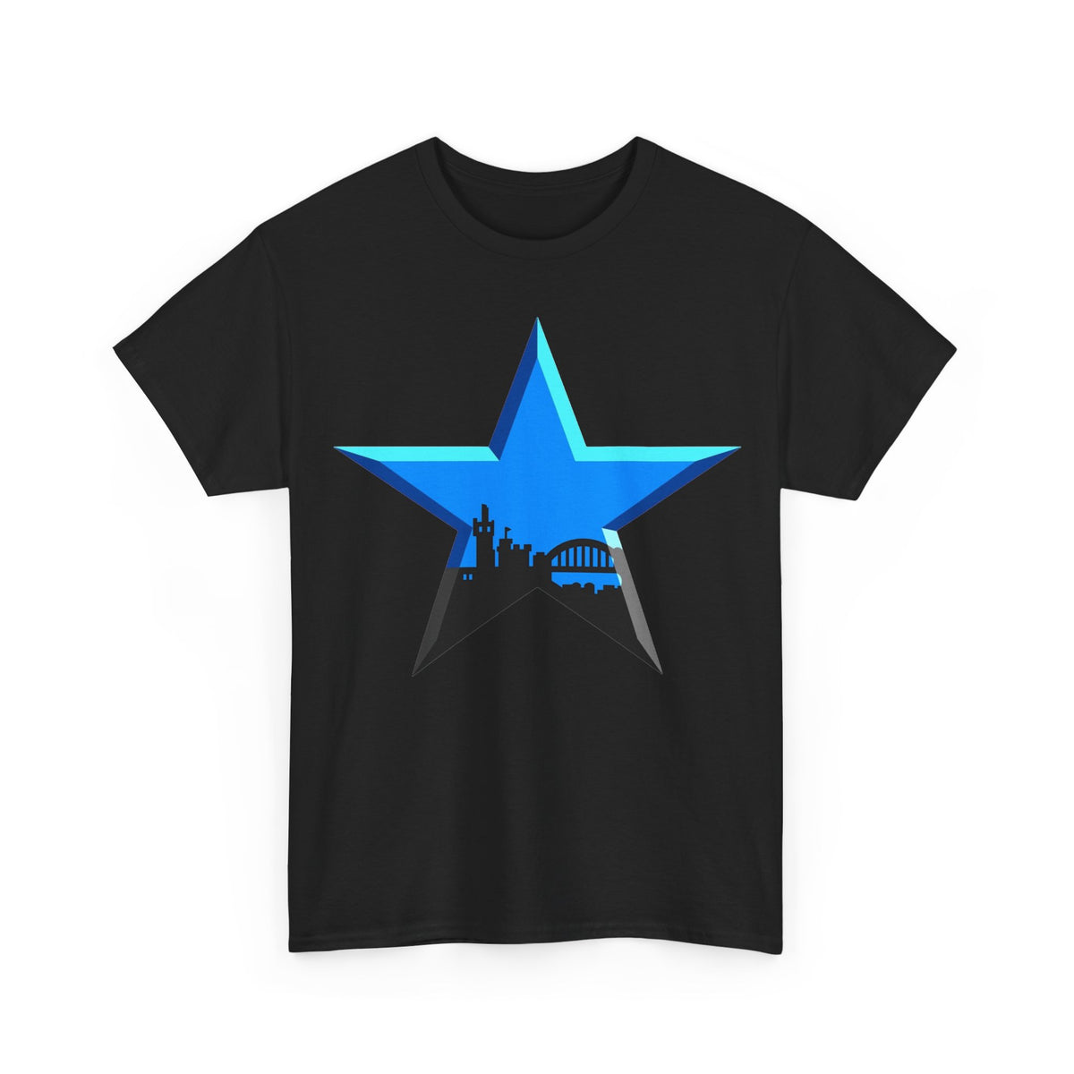 Newcastle City Skyline Star Retro Cotton T-Shirt — Blue Star with Urban Skyline Graphic