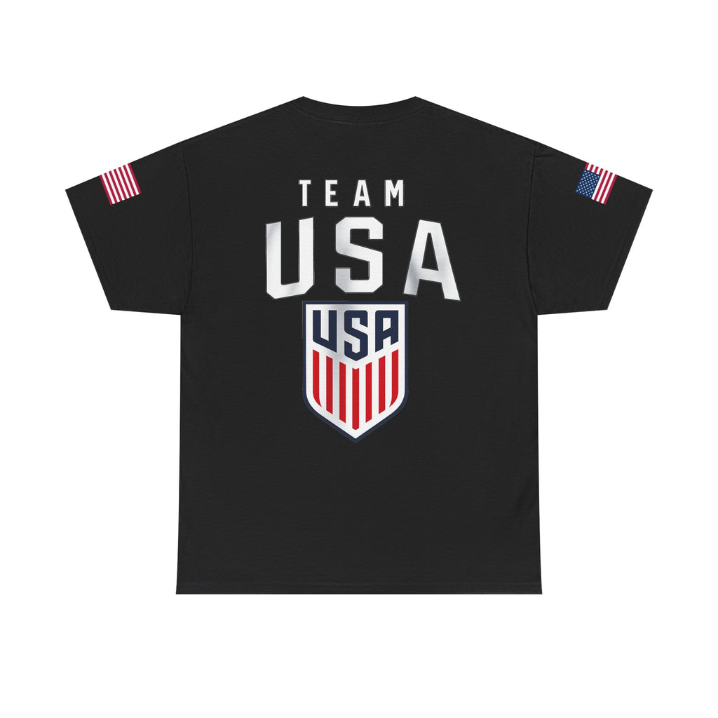 Team USA Flag T‑Shirt — Patriotic Navy Tee with Back Shield Logo