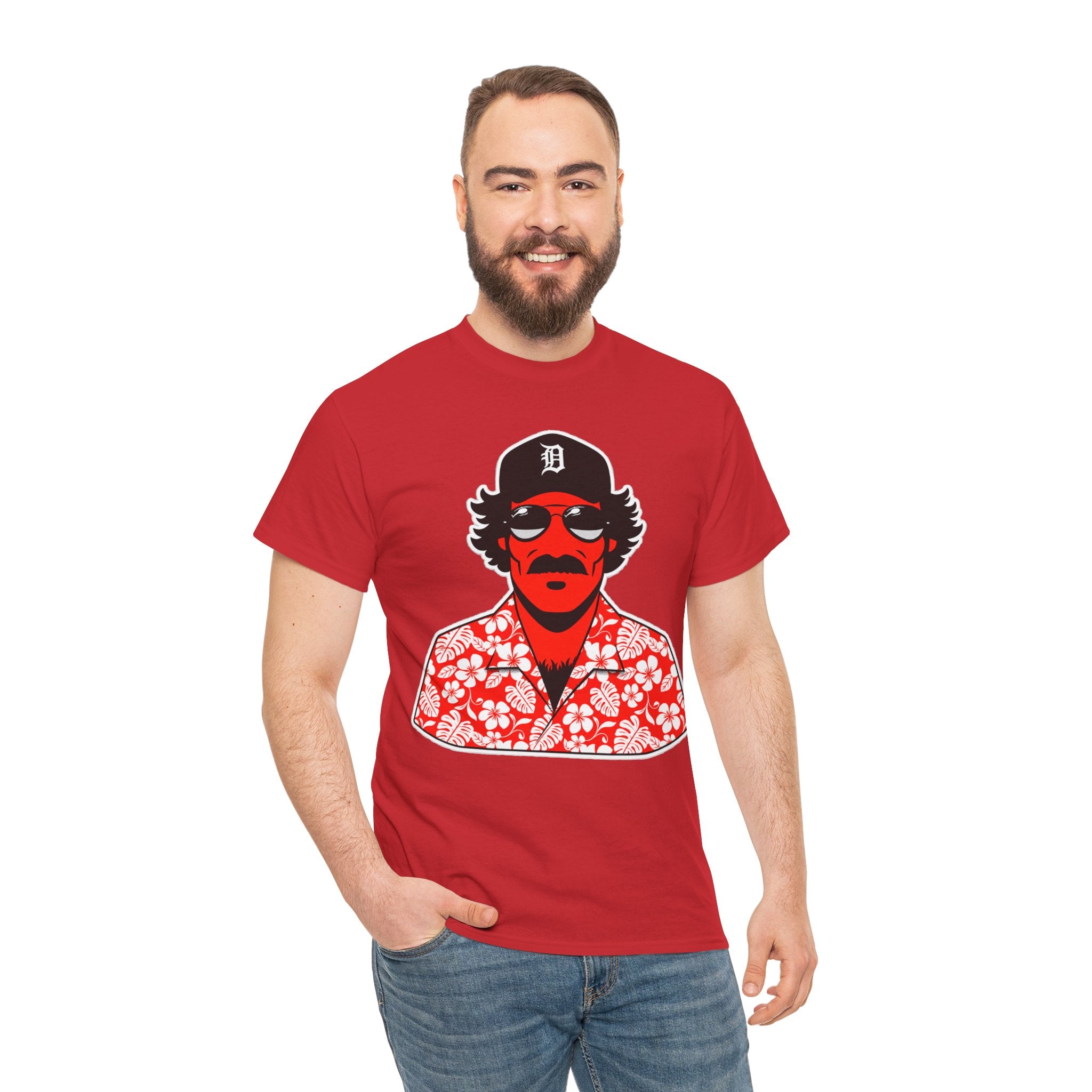 Magnum PI Retro Mustache Dude T‑Shirt – Hawaiian Shirt & Sunglasses Graphic Tee