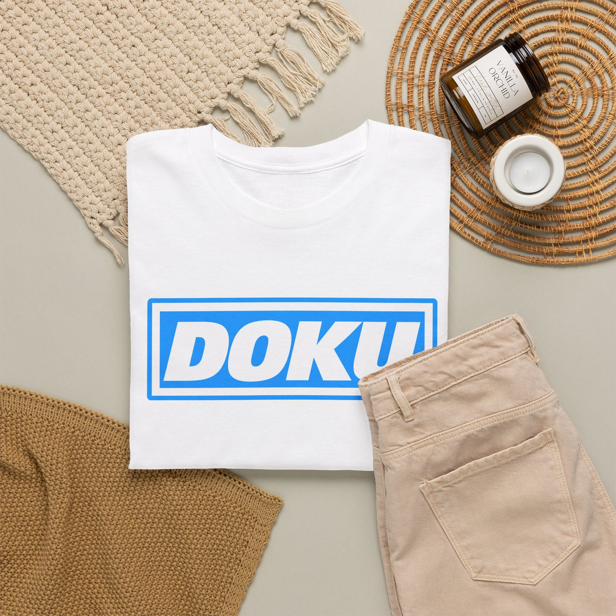 Doku Manchester City Player Logo Cotton Tee — Minimal Blue Box Graphic T-Shirt