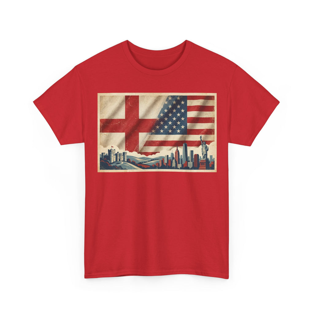 England + USA Flag Skyline T-Shirt — Vintage London & New York City Pride Tee