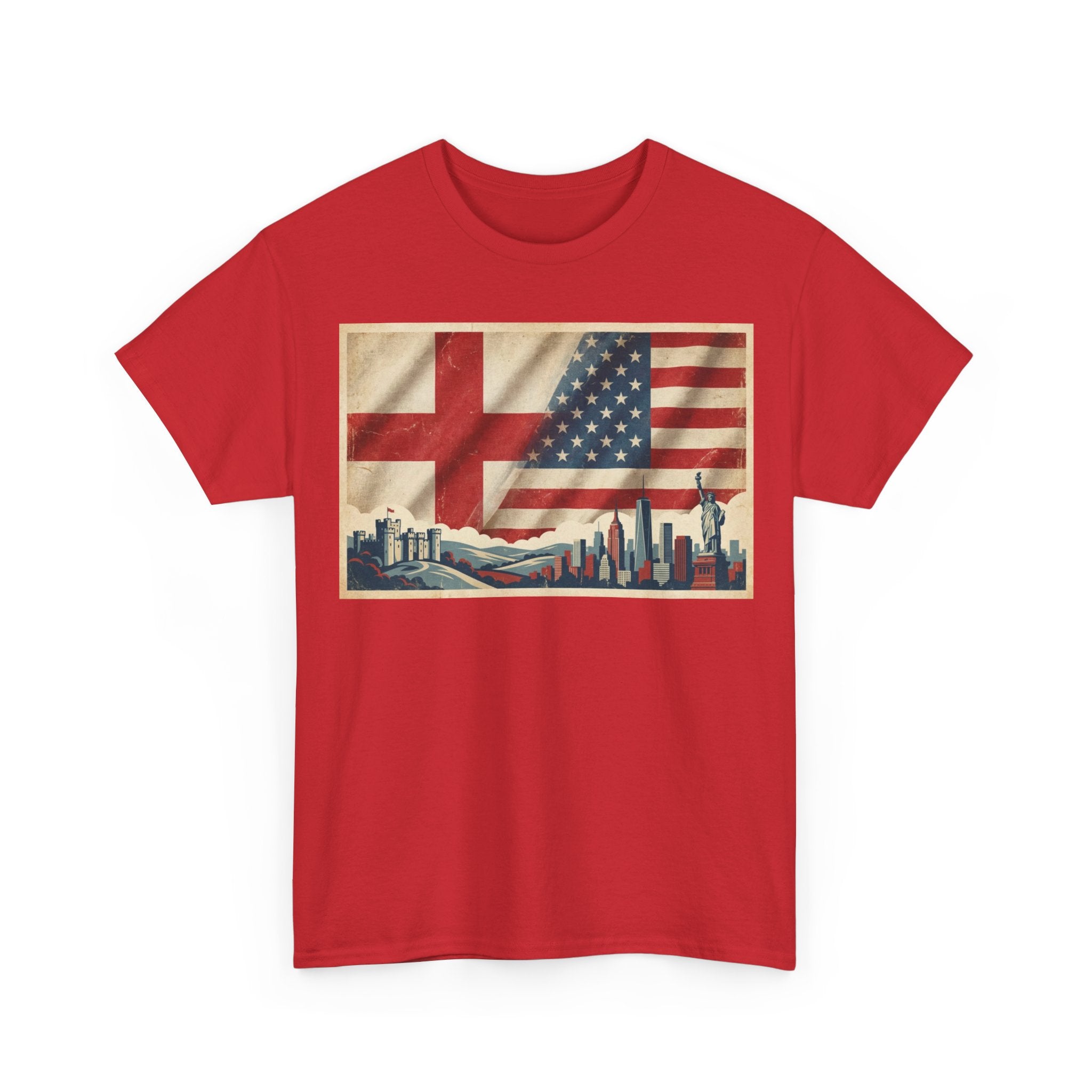 England + USA Flag Skyline T-Shirt — Vintage London & New York City Pride Tee