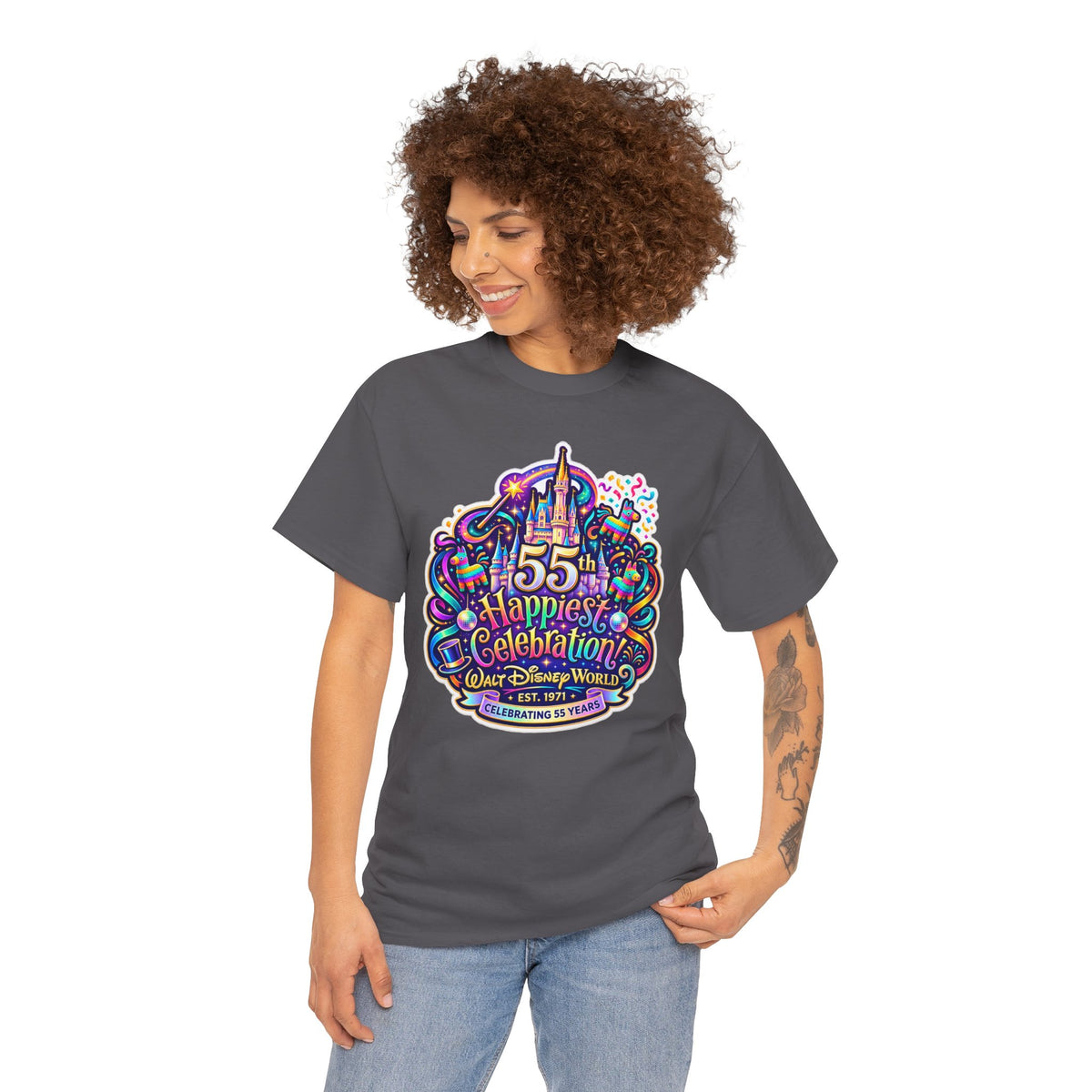 T-Shirt — "55th Happiest Celebration" Colorful Anniversary Castle Graphic Tee