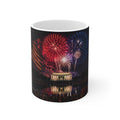 Fourth of July Fireworks Coffee Mug — Patriotic American Flag & Capitol Night Sky (11oz/15oz)