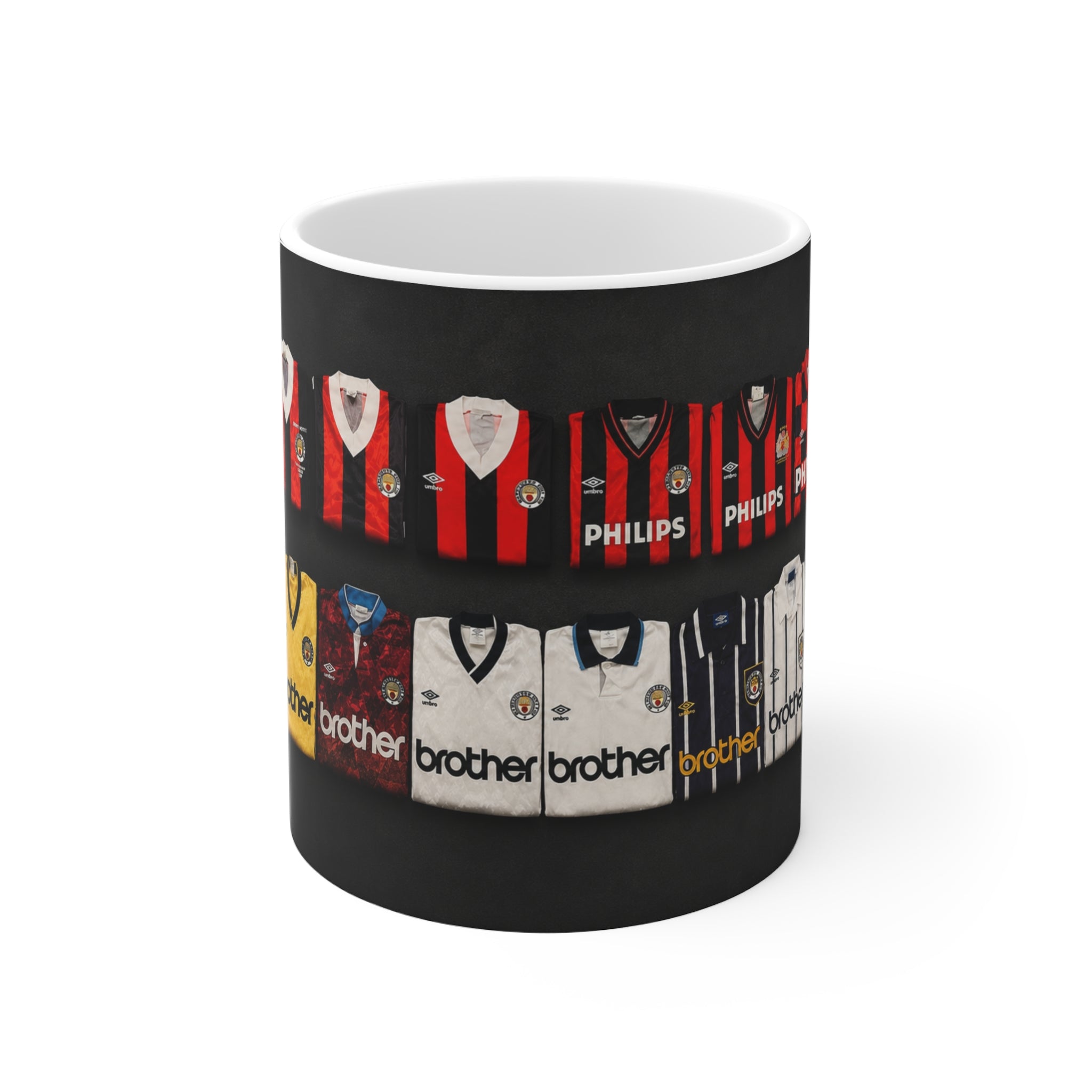 Manchester City Retro Away Soccer Jersey Collage Mug — Vintage Football Shirts Ceramic Coffee Cup (11oz & 15oz)