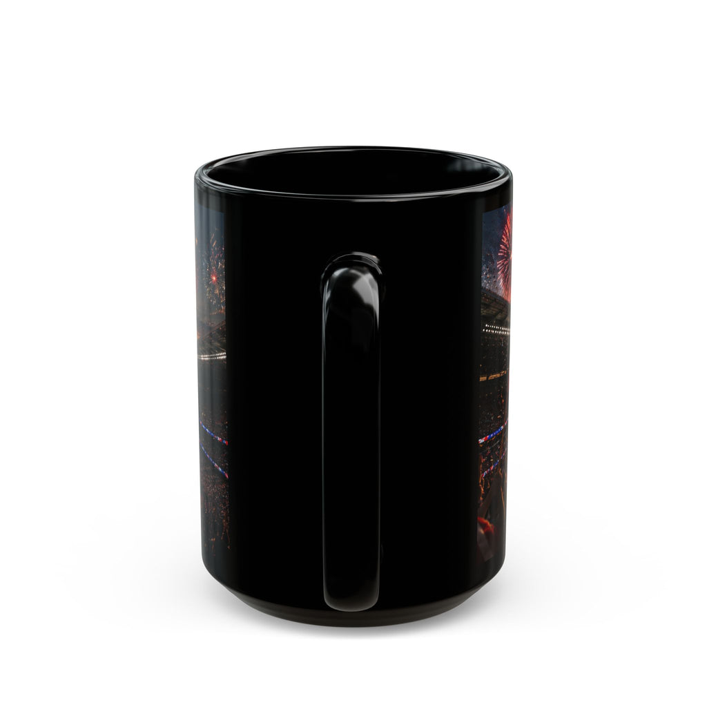 World Cup 2026 Patriotic Stadium Fireworks Black Mug — American Flag Football Game Coffee Cup (11oz/15oz)