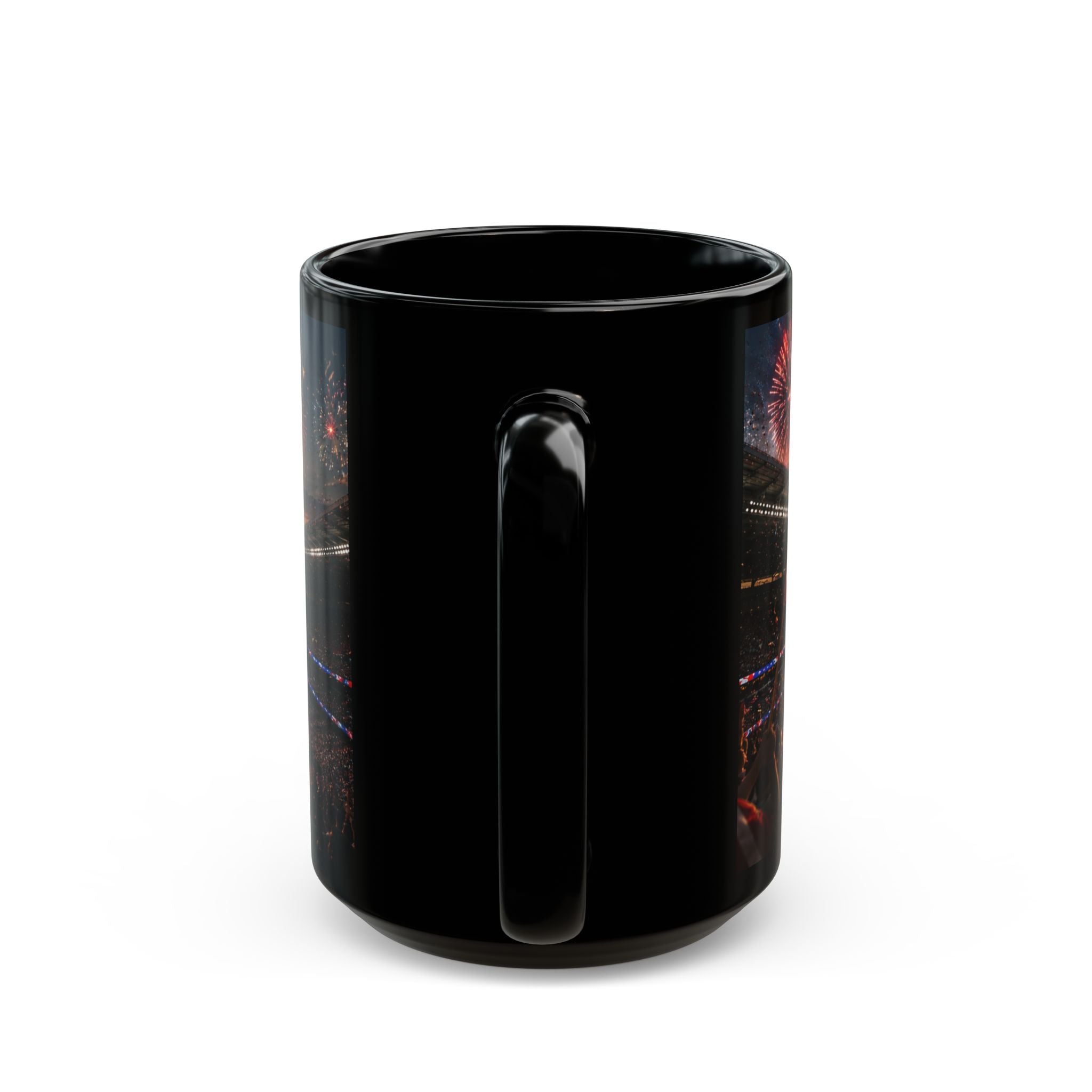 World Cup 2026 Patriotic Stadium Fireworks Black Mug — American Flag Football Game Coffee Cup (11oz/15oz)