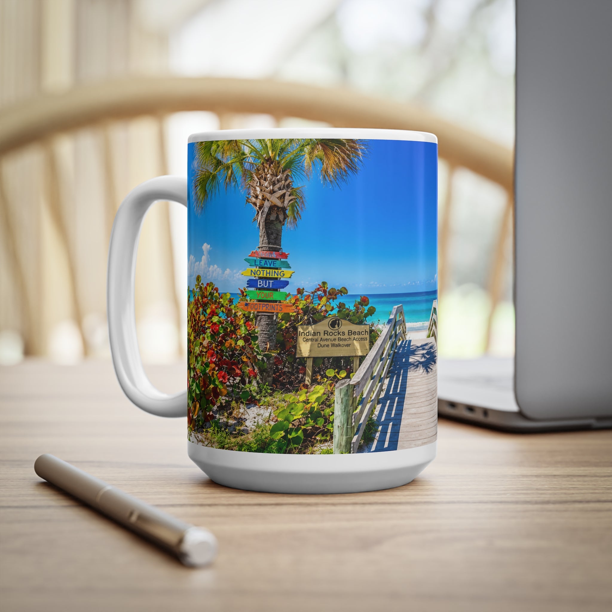 Indian Rocks Beach Boardwalk Coffee Mug — Tropical Palm Sunrise Ceramic Mug (11oz & 15oz)