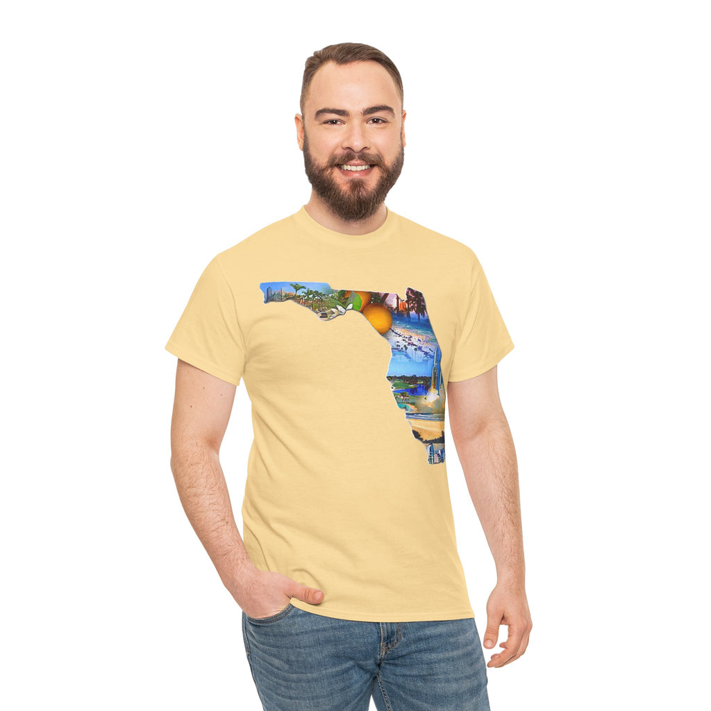 Florida State Shape T-Shirt — Scenic Beach & Sunset Map Tee