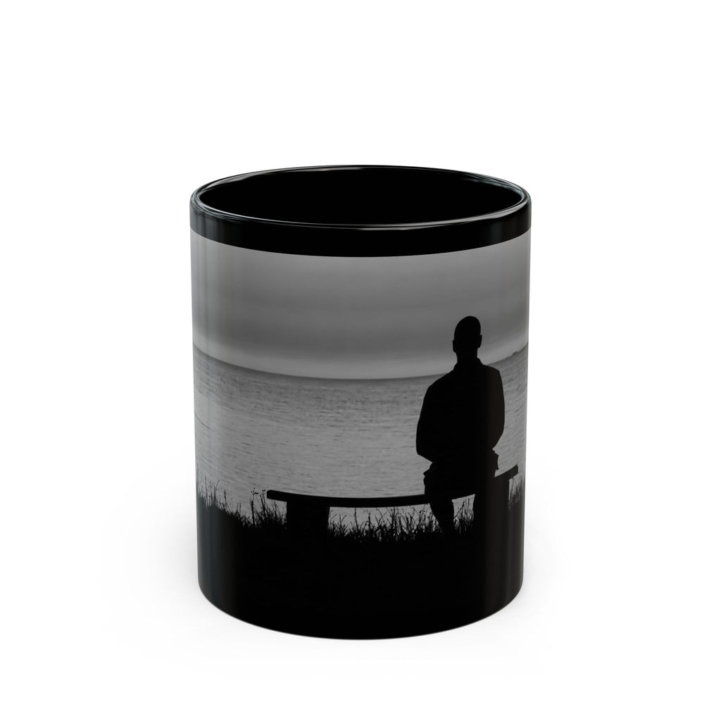 Silhouette by the Sea Black Coffee Mug — Reflective Ocean Sunset Gift (11oz, 15oz)