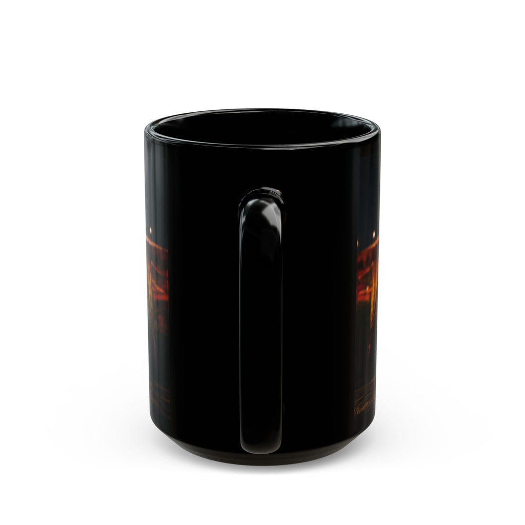 Gothic Horror Bookstack Black Coffee Mug — Vintage Circus, Witchy Reading Vibe (11oz/15oz)