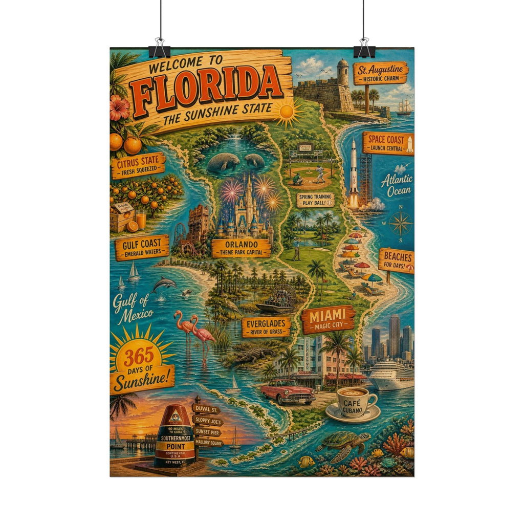 Florida Vintage Travel Poster - Rolled Poster (Welcome to Florida Map & Landmarks)