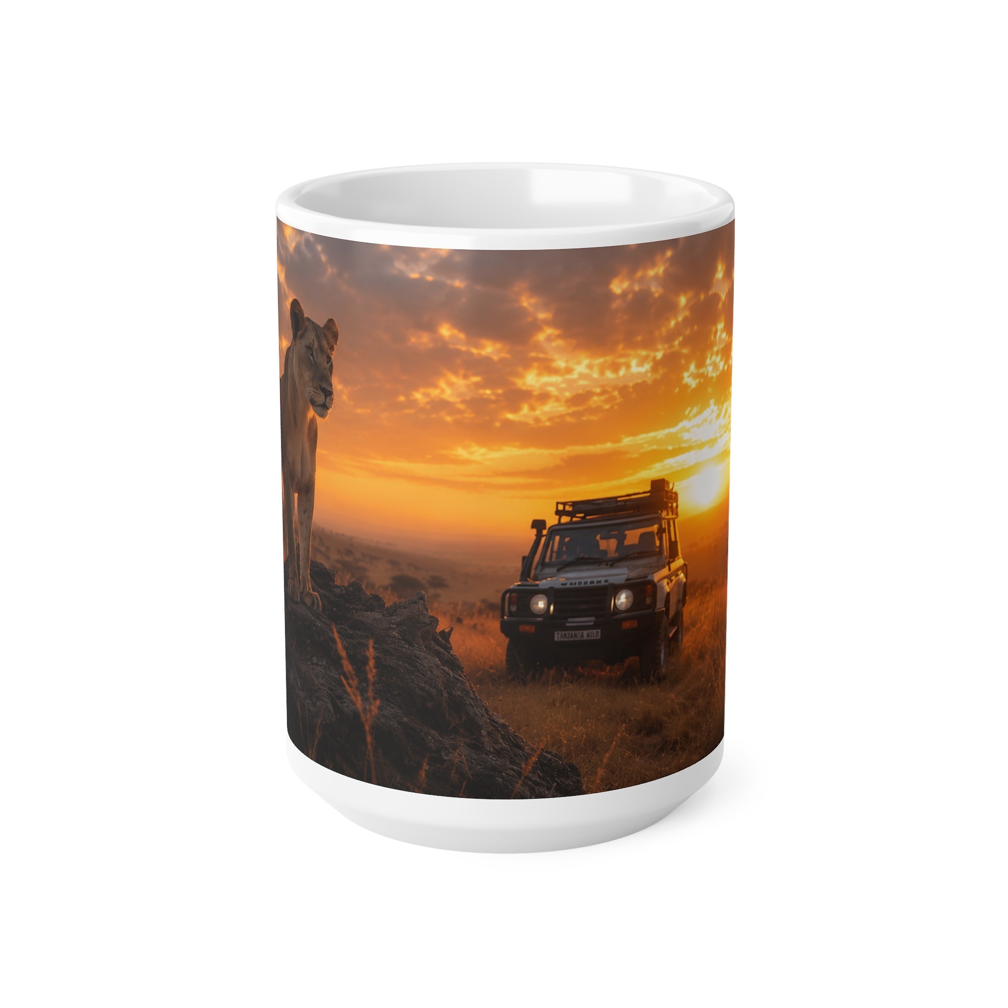Safari Sunset Lioness Ceramic Mug — Wildlife Photography Coffee Cup (11oz, 15oz)