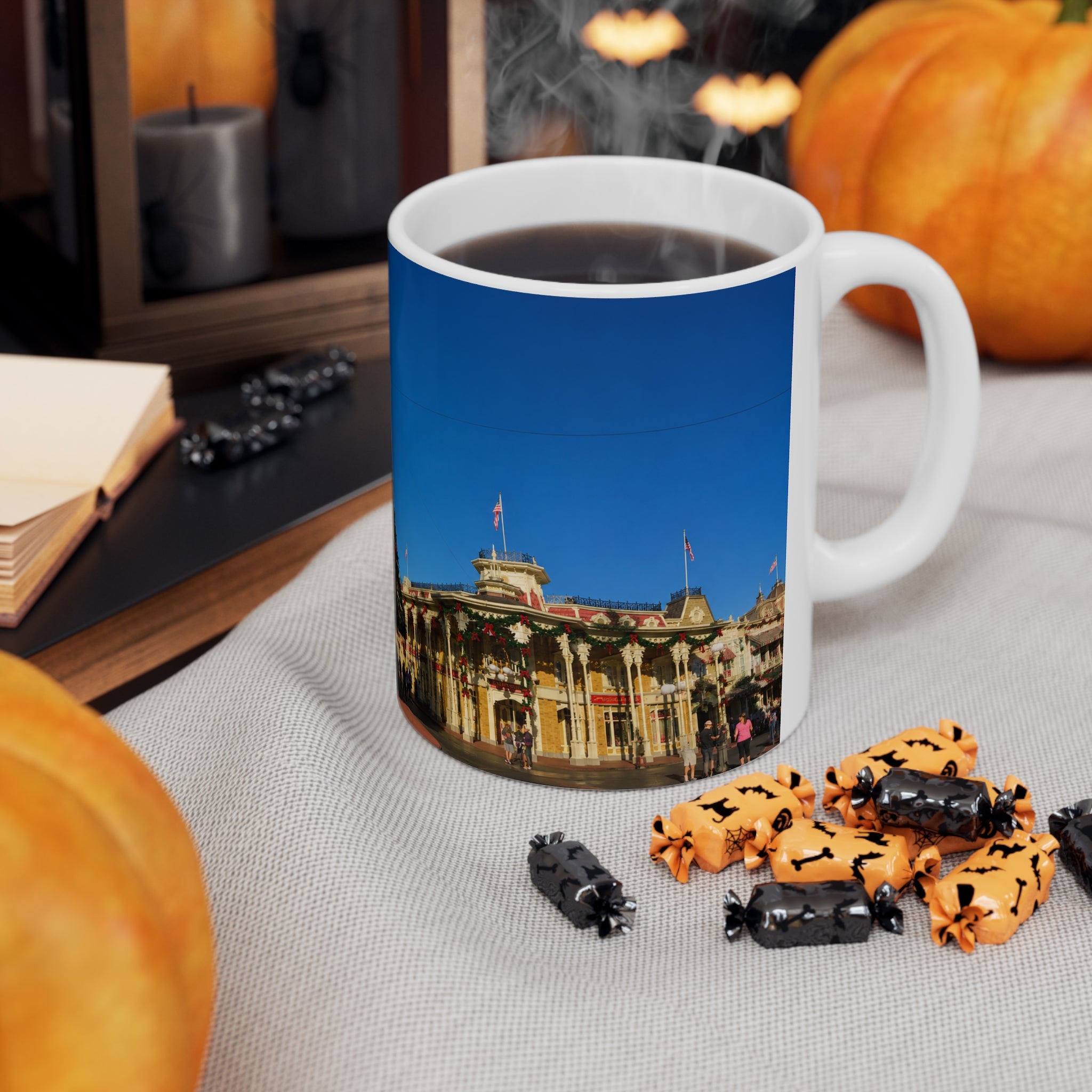 Magic Kingdom Town Square Christmas Mug — Festive Tree & Main Street Ceramic Coffee Cup (11oz, 15oz)