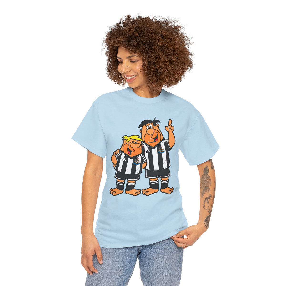 Newcastle United Flintstones Cartoon Cotton T-Shirt / Tee — Retro Striped Jersey Illustrations