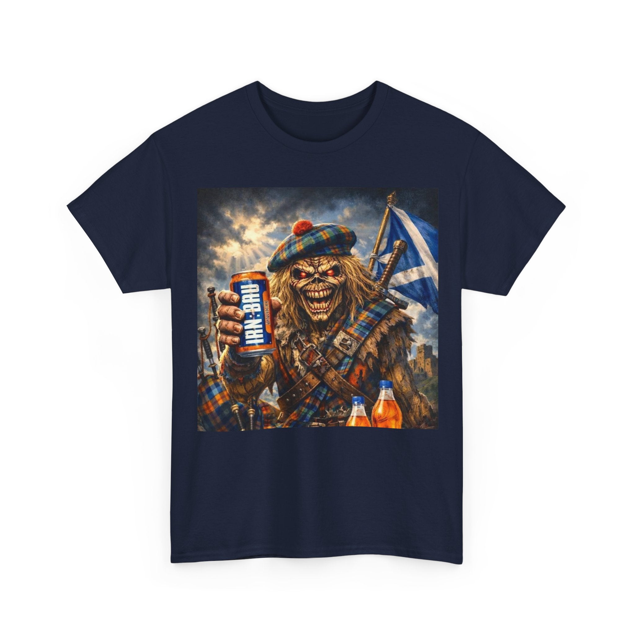Scottish Rock Skull T‑Shirt — Eddie the Piper with Flag & Can Graphic Tee