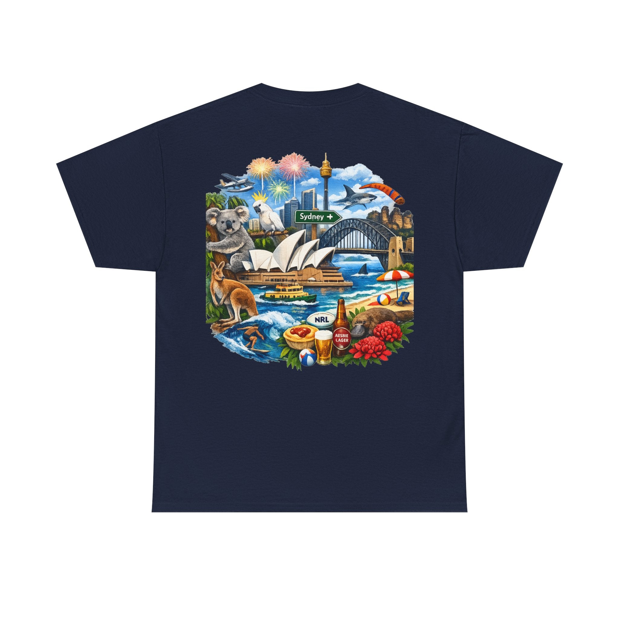 T-Shirt — Sydney Landmark Collage Tee (Opera House, Harbour Bridge, Koala & Beach Scene)