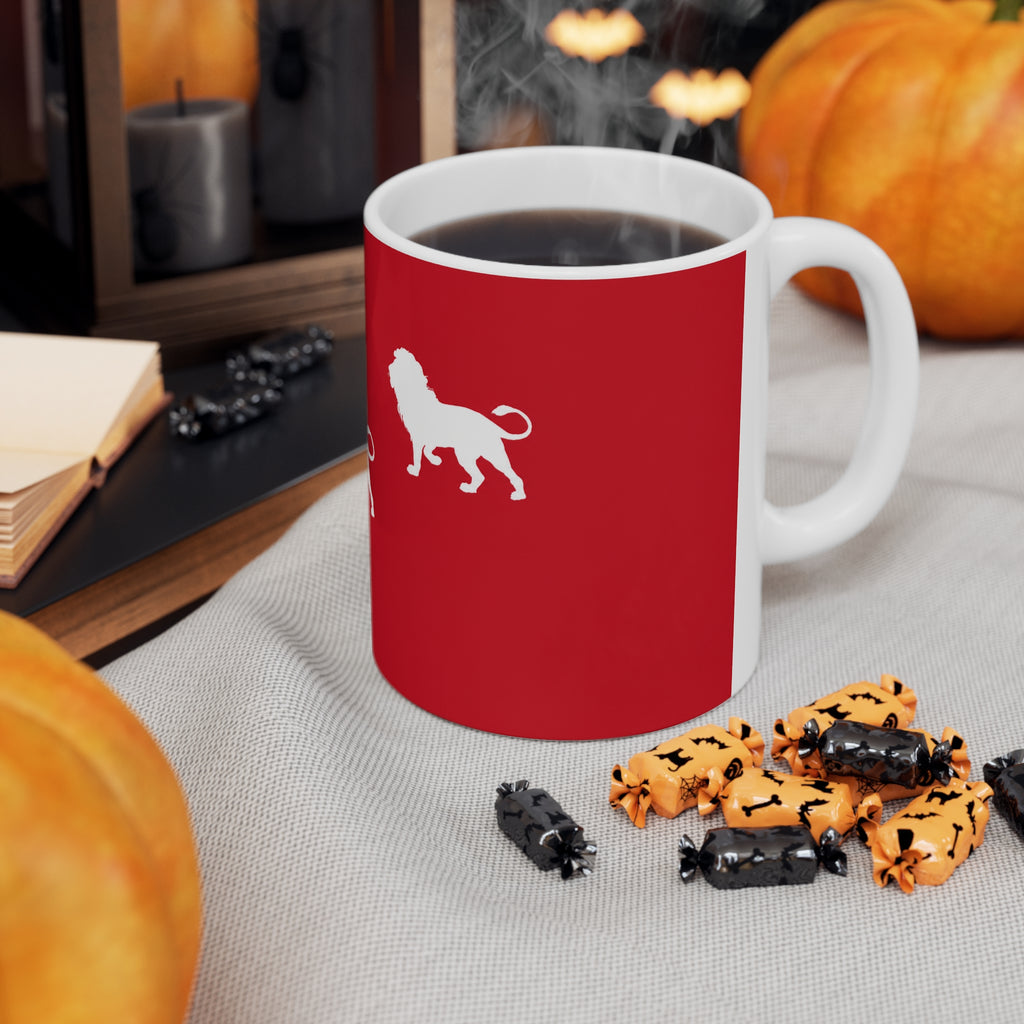3 Lions Silhouette Ceramic Mug — Red Safari Coffee Cup (11oz & 15oz)