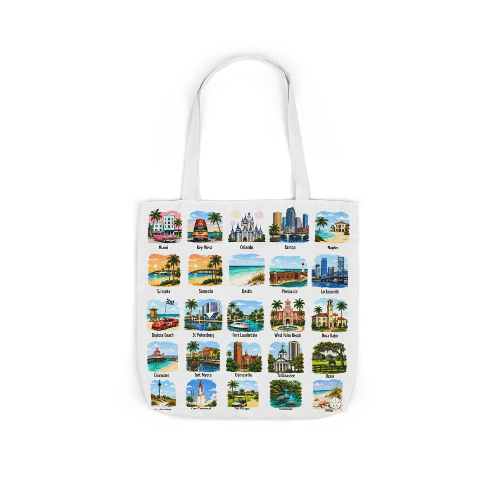 Florida City Landmark Collage Canvas Tote Bag — Vintage Travel Icons Print