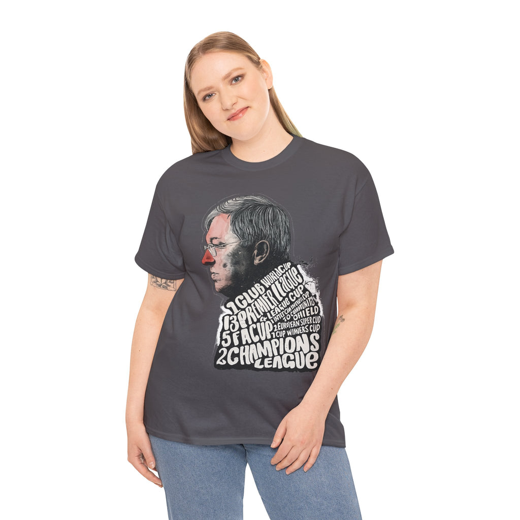 SIr Alex Ferguson Achievements Vintage Football Manager Profile Tee — Illustrated Head with Trophy Text Design
